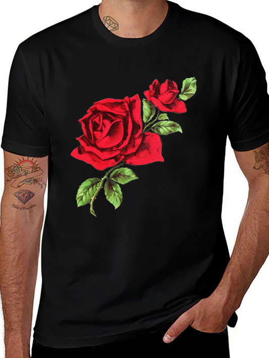 Red Rose Graphic Tee - Black Cotton T-Shirt
