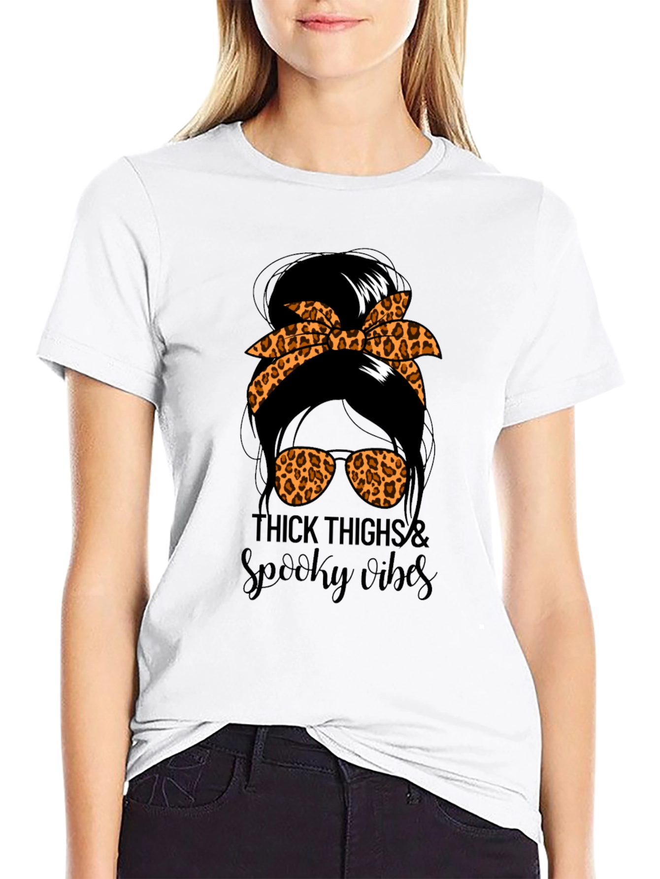 Thick Thighs & Spooky Vibes Messy Bun T-Shirt