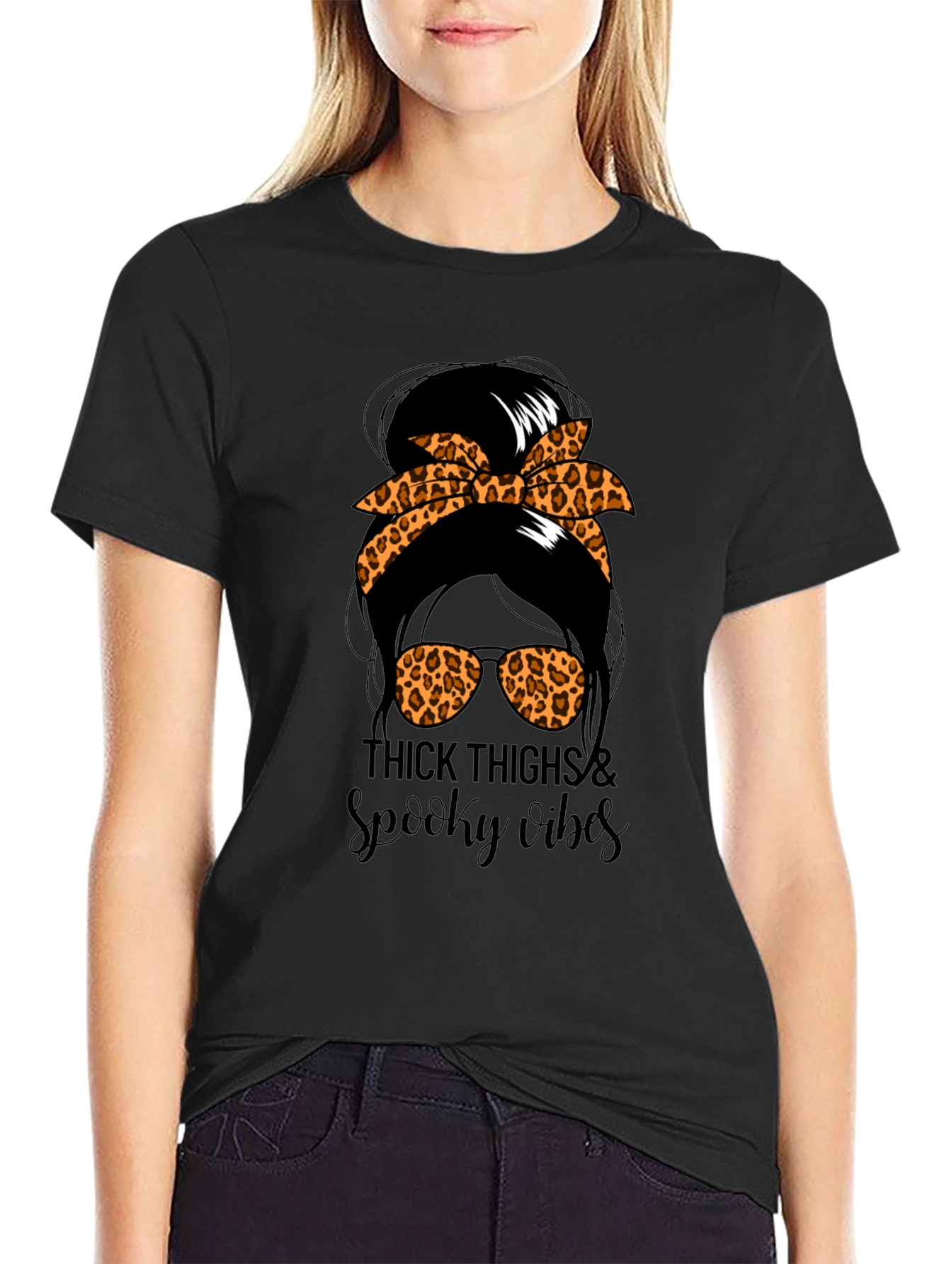 Thick Thighs & Spooky Vibes Messy Bun T-Shirt
