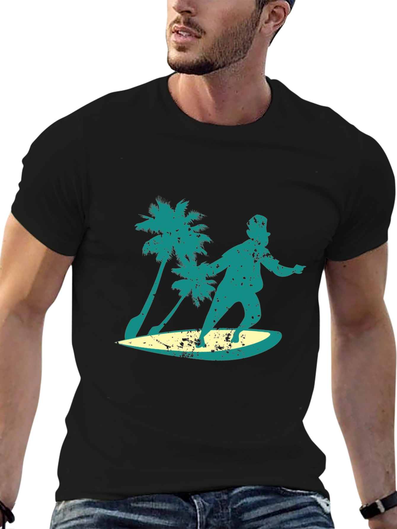 Surfing Santa Graphic Tee - Black Cotton Blend