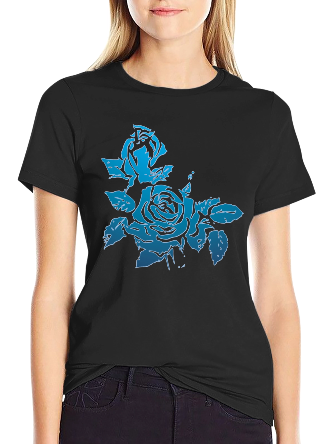 Blue Rose Graphic Black T-Shirt