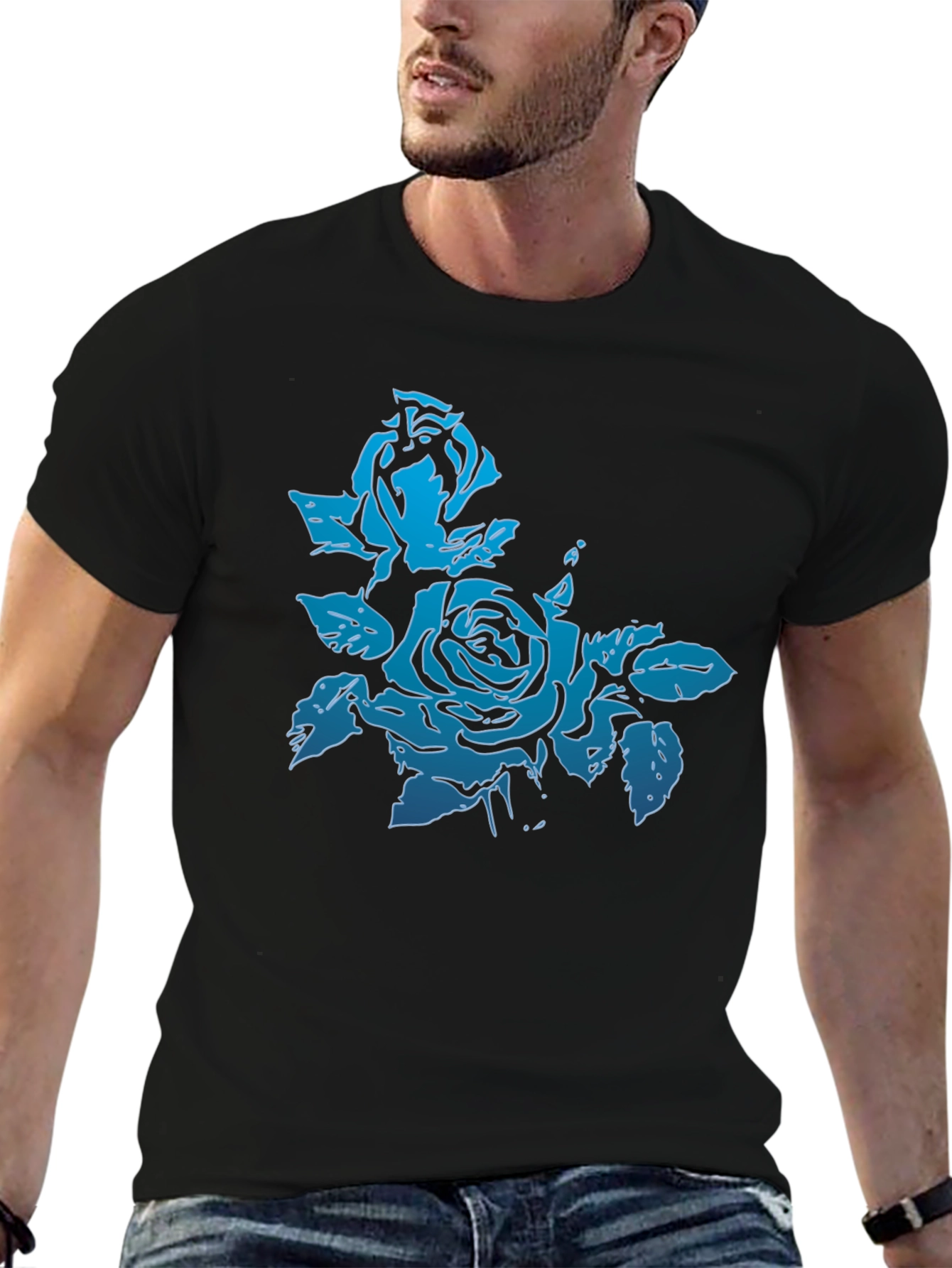 Blue Rose Graphic Black T-Shirt