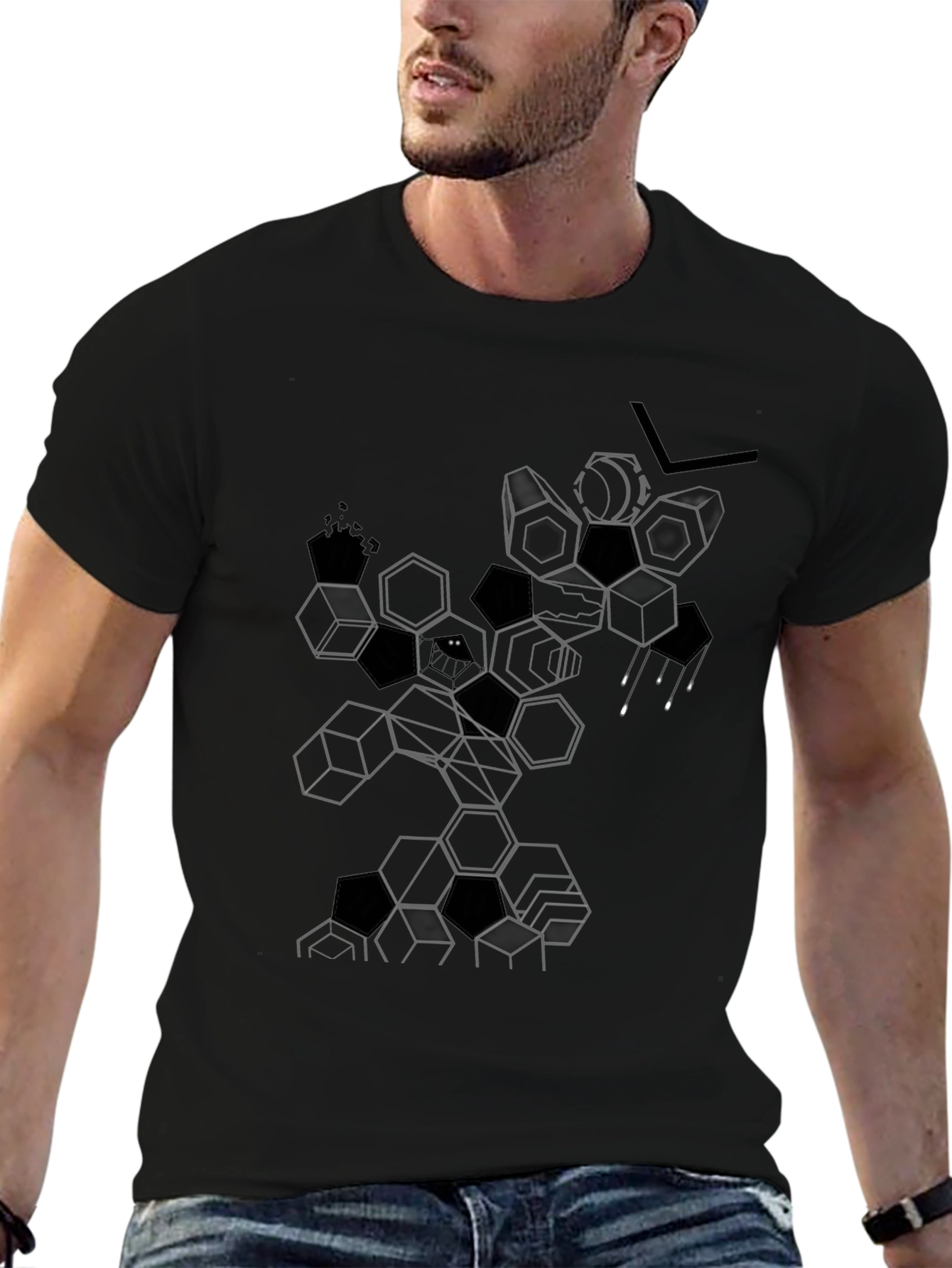 Abstract Geometric Hexagon Graphic Tee - Black