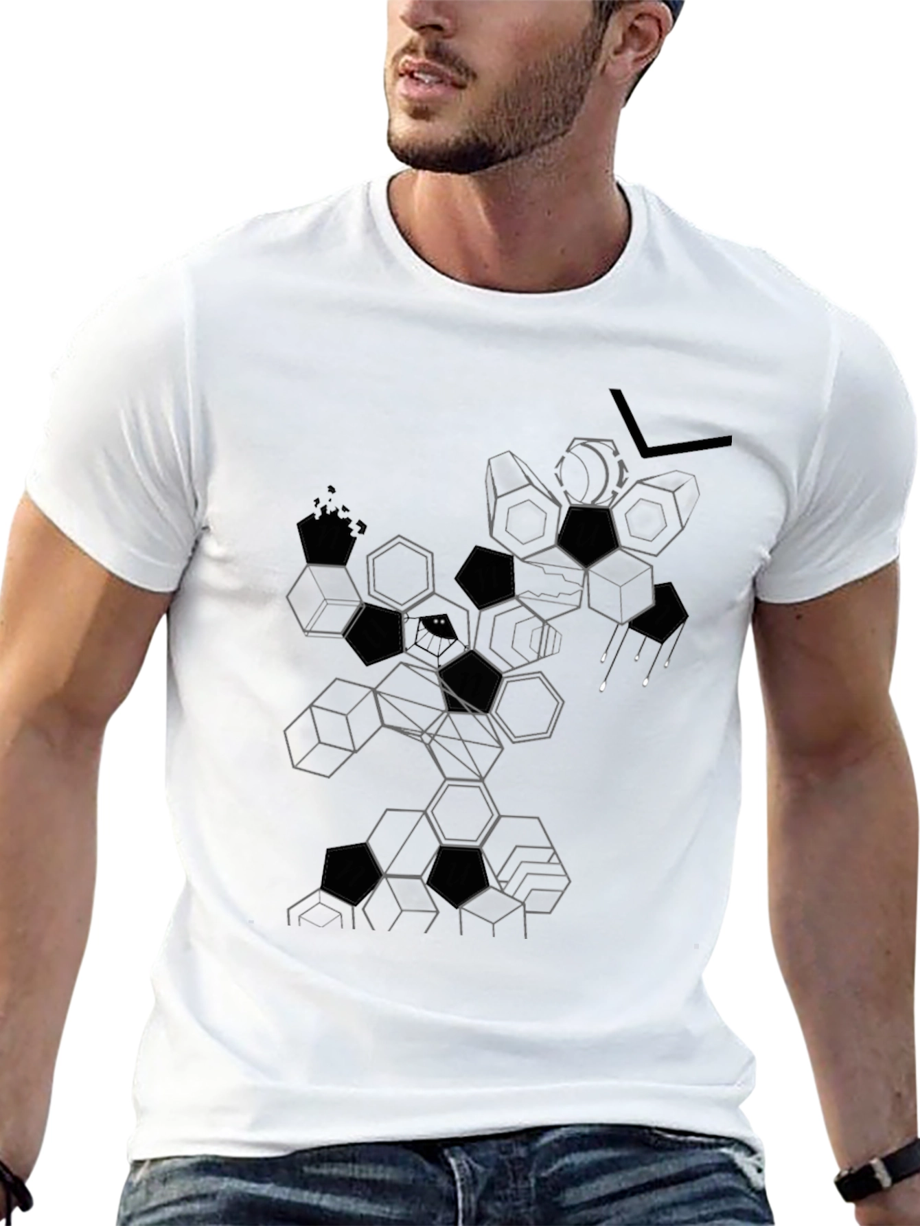 Abstract Geometric Hexagon Graphic Tee - Black