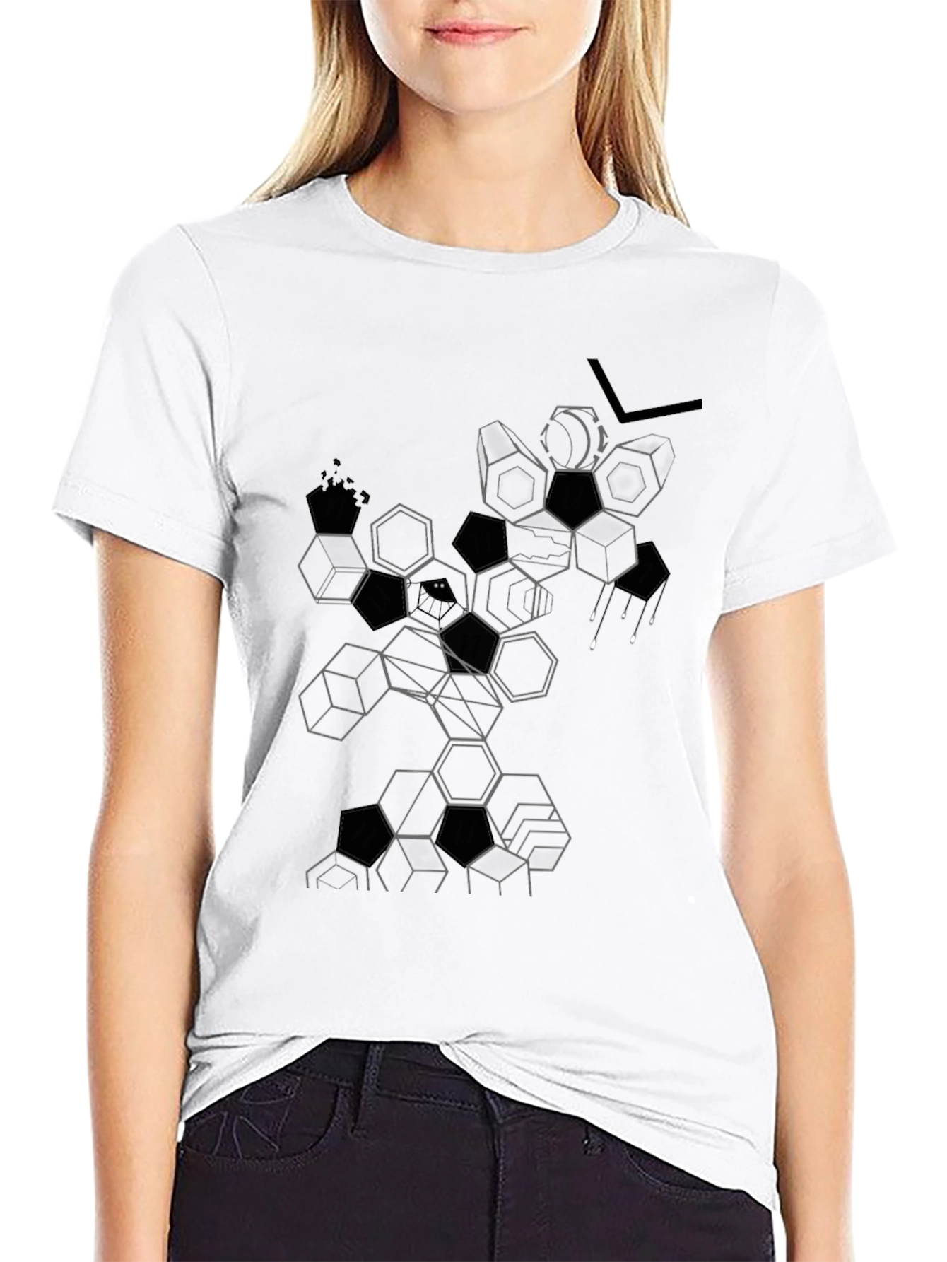 Abstract Geometric Hexagon Graphic Tee - Black