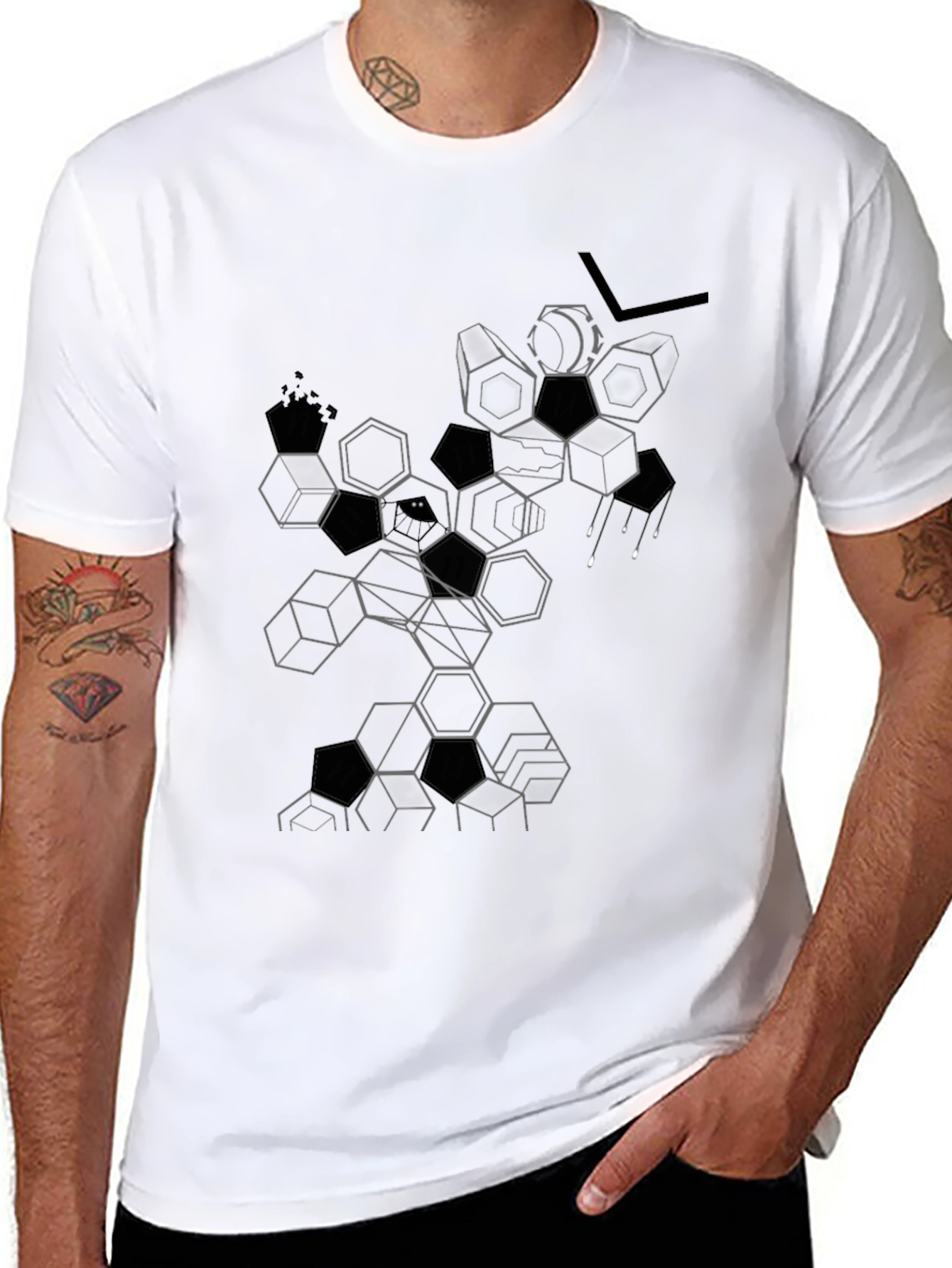 Abstract Geometric Hexagon Graphic Tee - Black