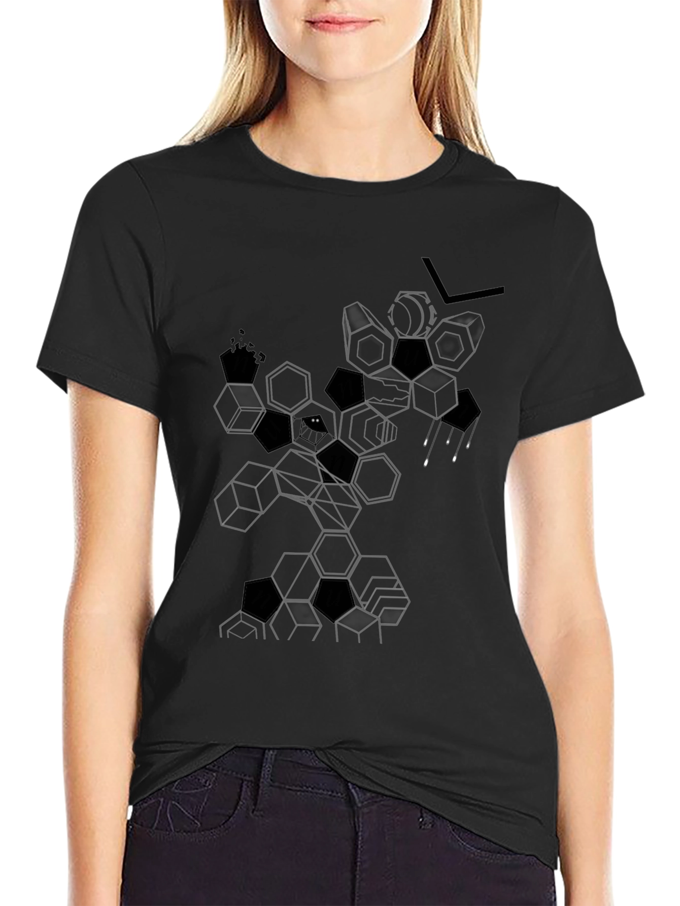 Abstract Geometric Hexagon Graphic Tee - Black