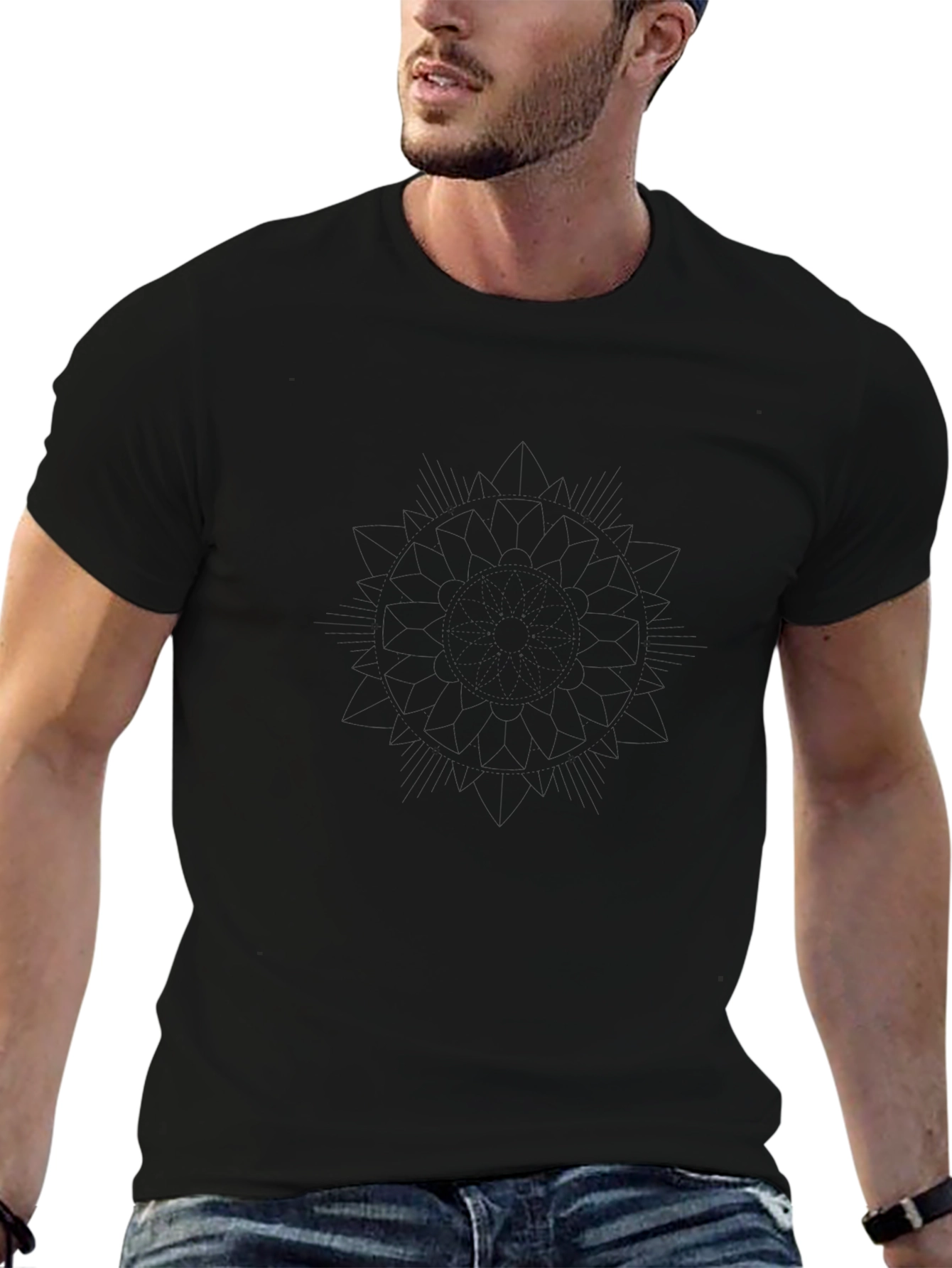 Mens Black Crew Neck T-Shirt with Subtle Pattern