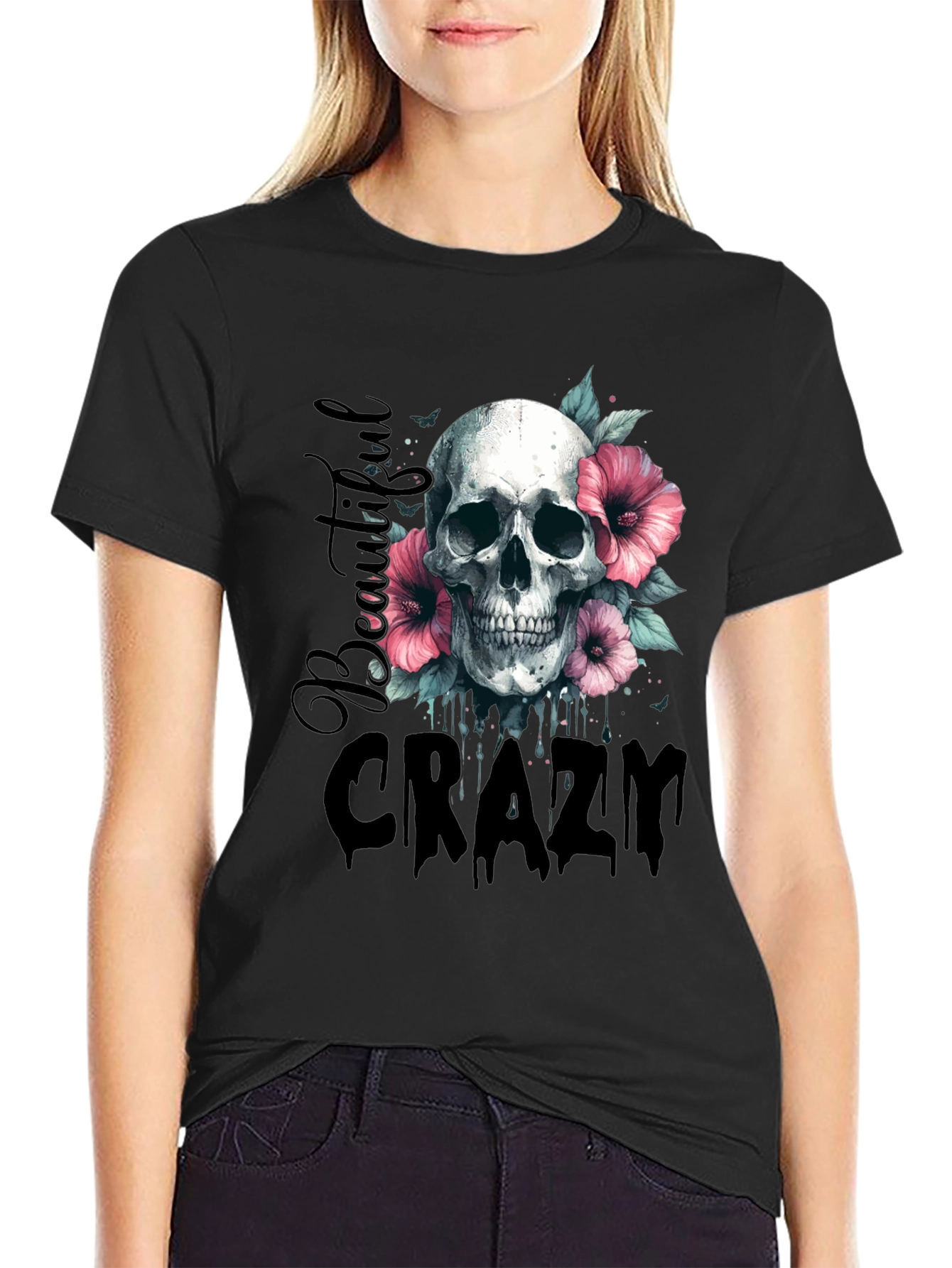 Skull & Flowers Graphic Tee - Beautiful Crazy Design