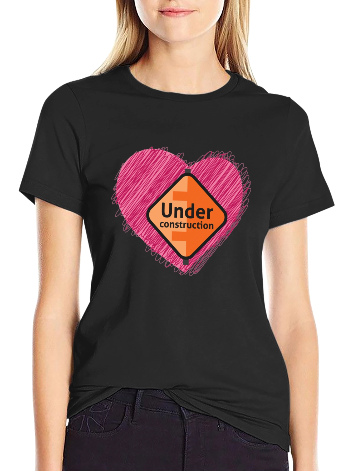 Under Construction Heart Graphic Tee - Soft Black Shirt