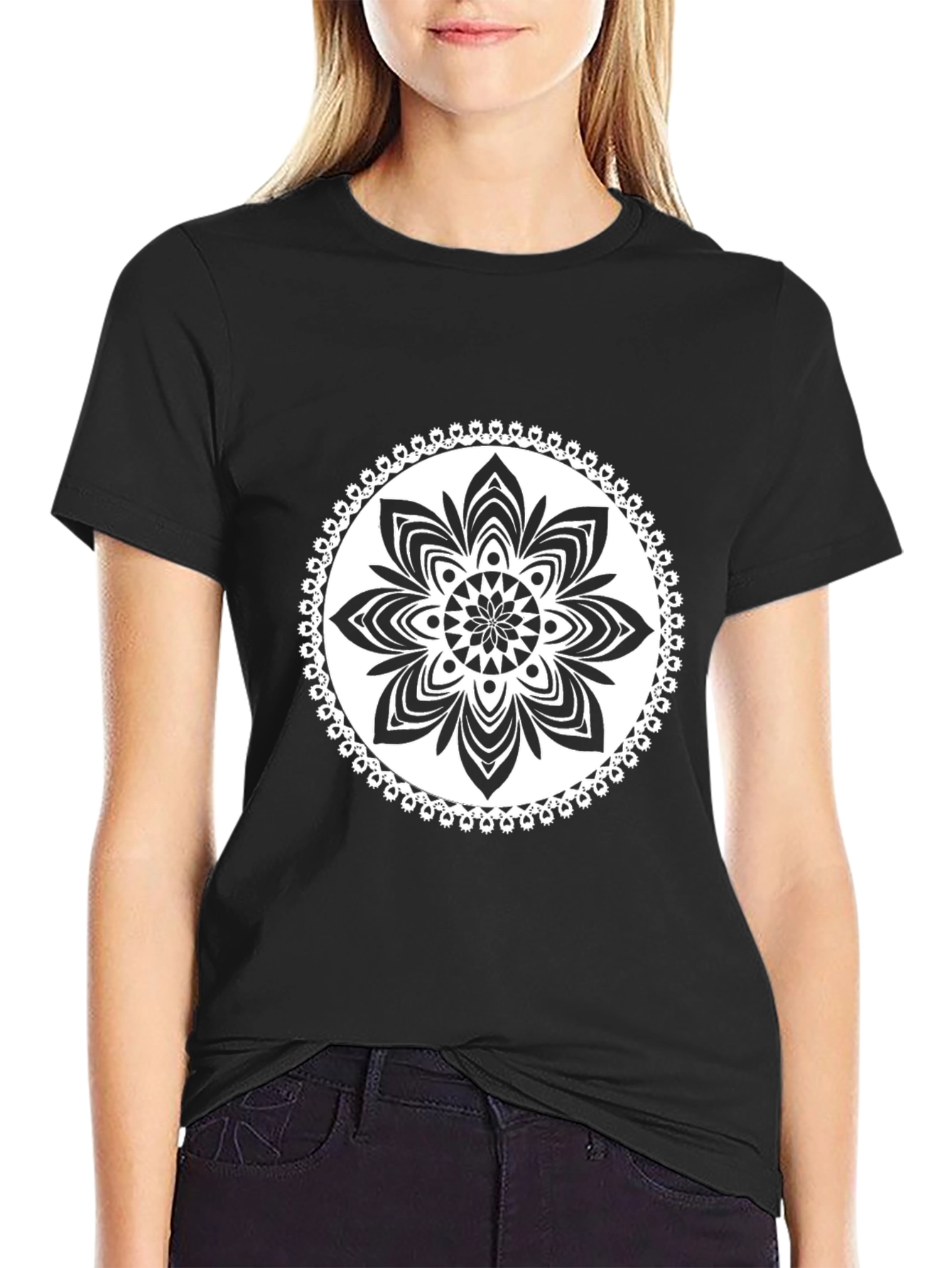 Black T-Shirt with White Floral Mandala Design