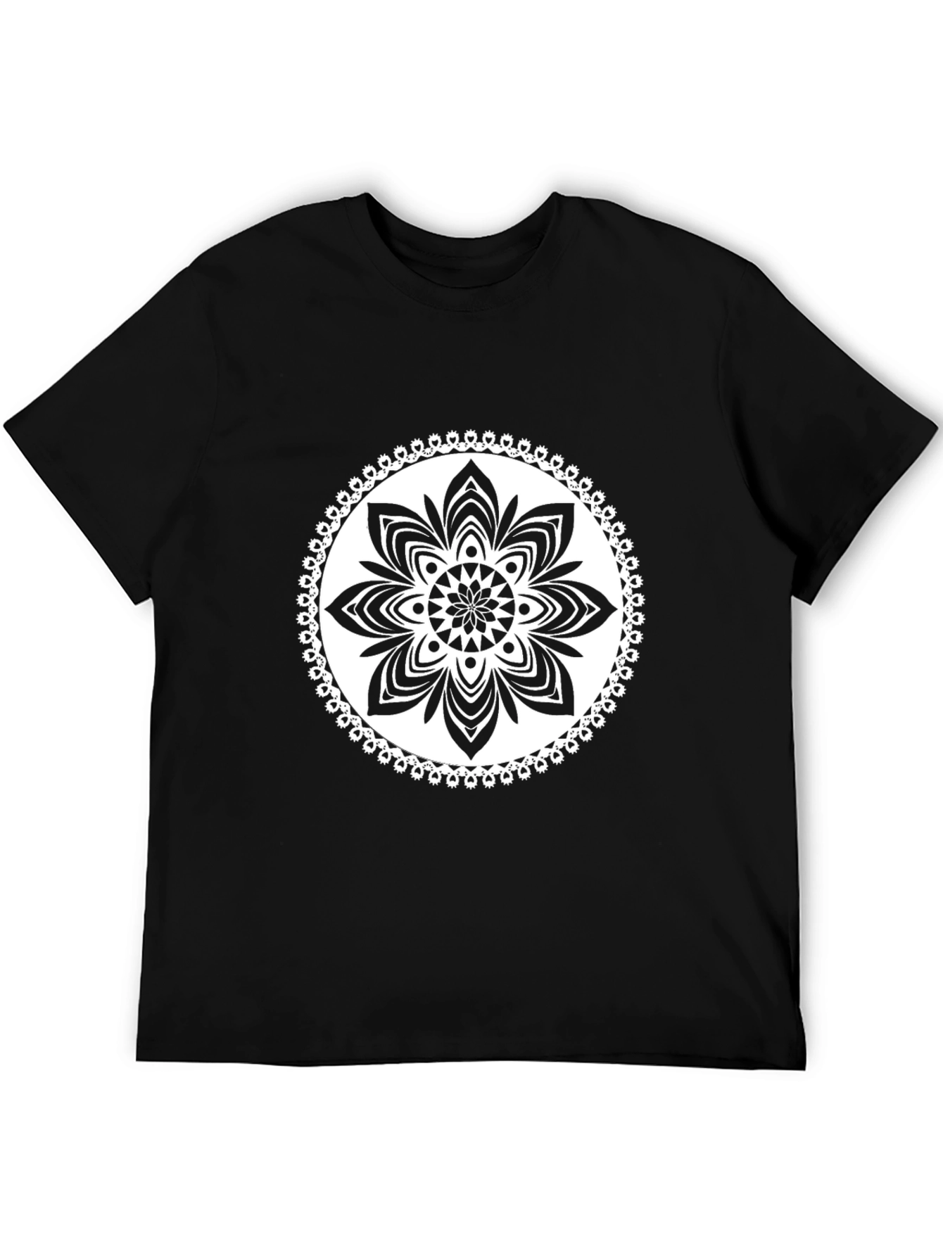 Black T-Shirt with White Floral Mandala Design