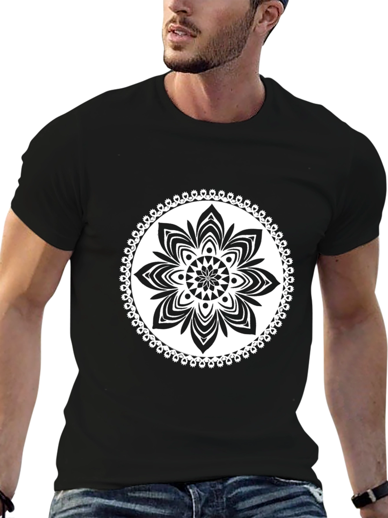 Black T-Shirt with White Floral Mandala Design