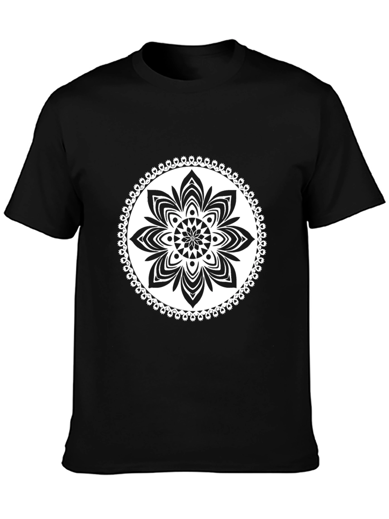 Black T-Shirt with White Floral Mandala Design