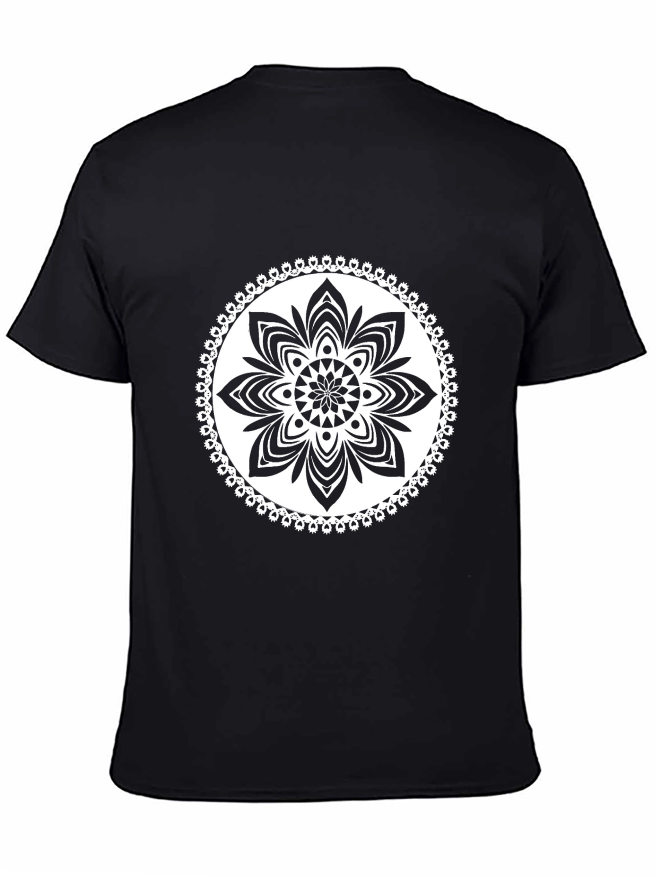 Black T-Shirt with White Floral Mandala Design