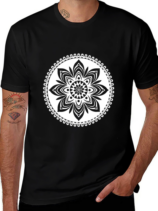 Black T-Shirt with White Floral Mandala Design