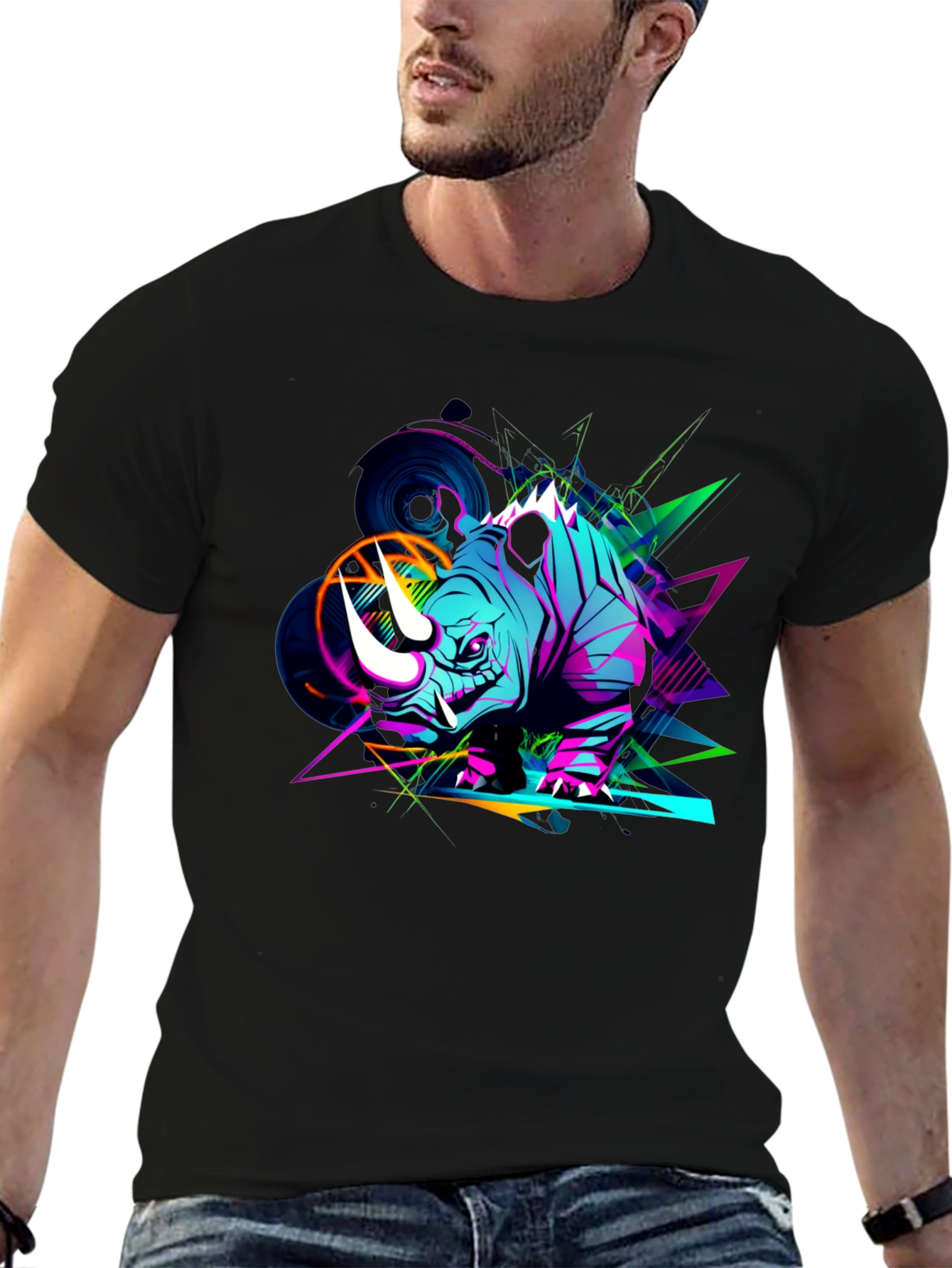 Vibrant Rhino Graphic Tee - Black Cotton T-Shirt