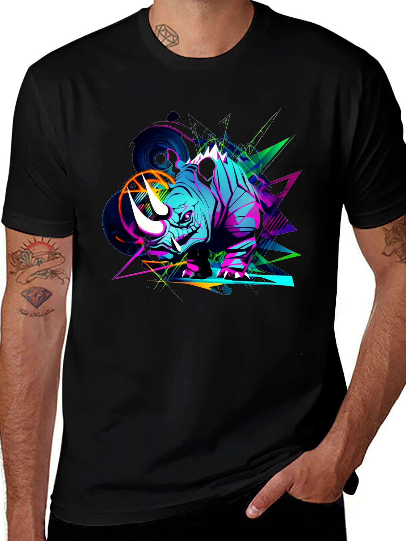 Vibrant Rhino Graphic Tee - Black Cotton T-Shirt