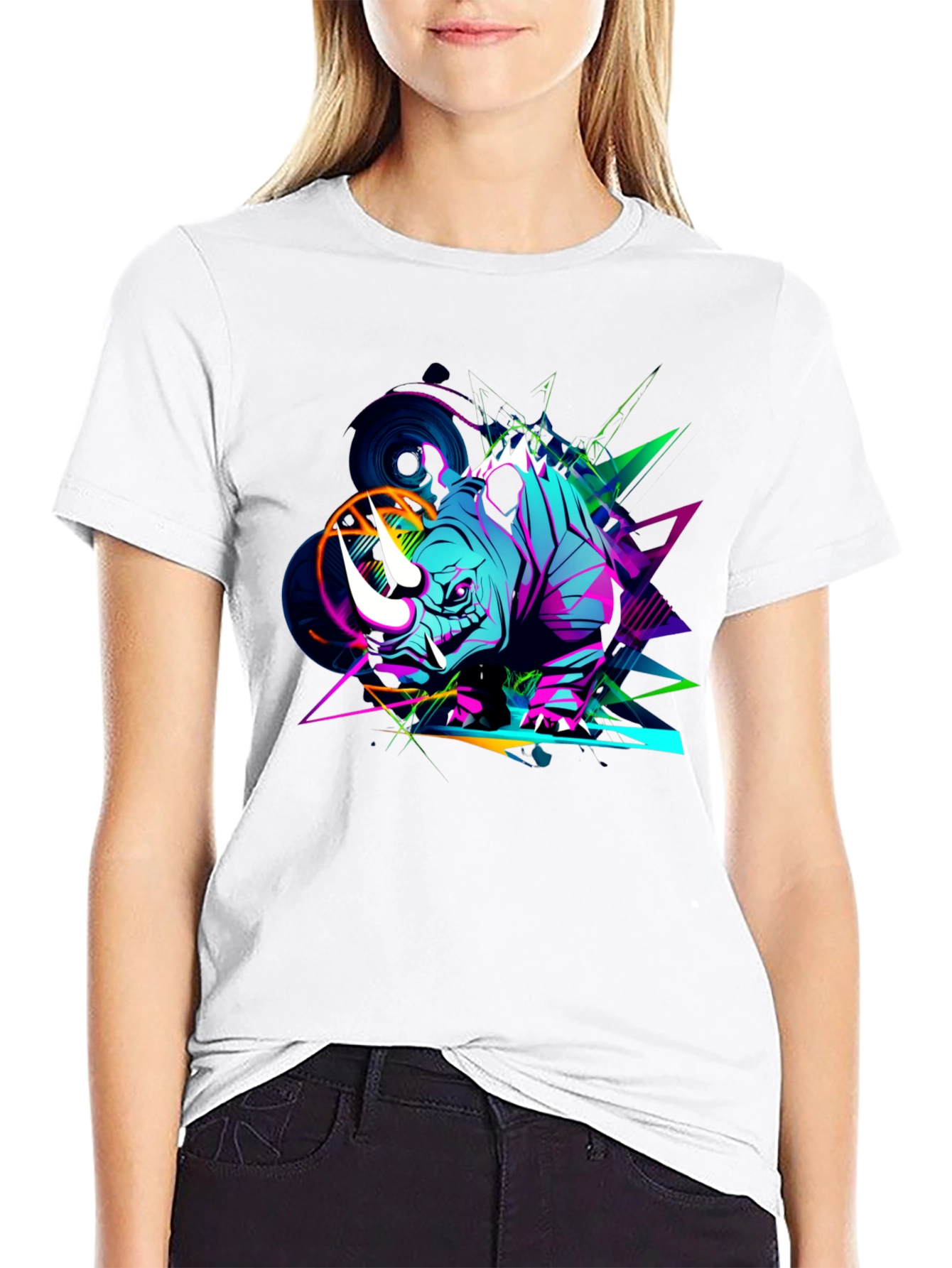 Vibrant Rhino Graphic Tee - Black Cotton T-Shirt