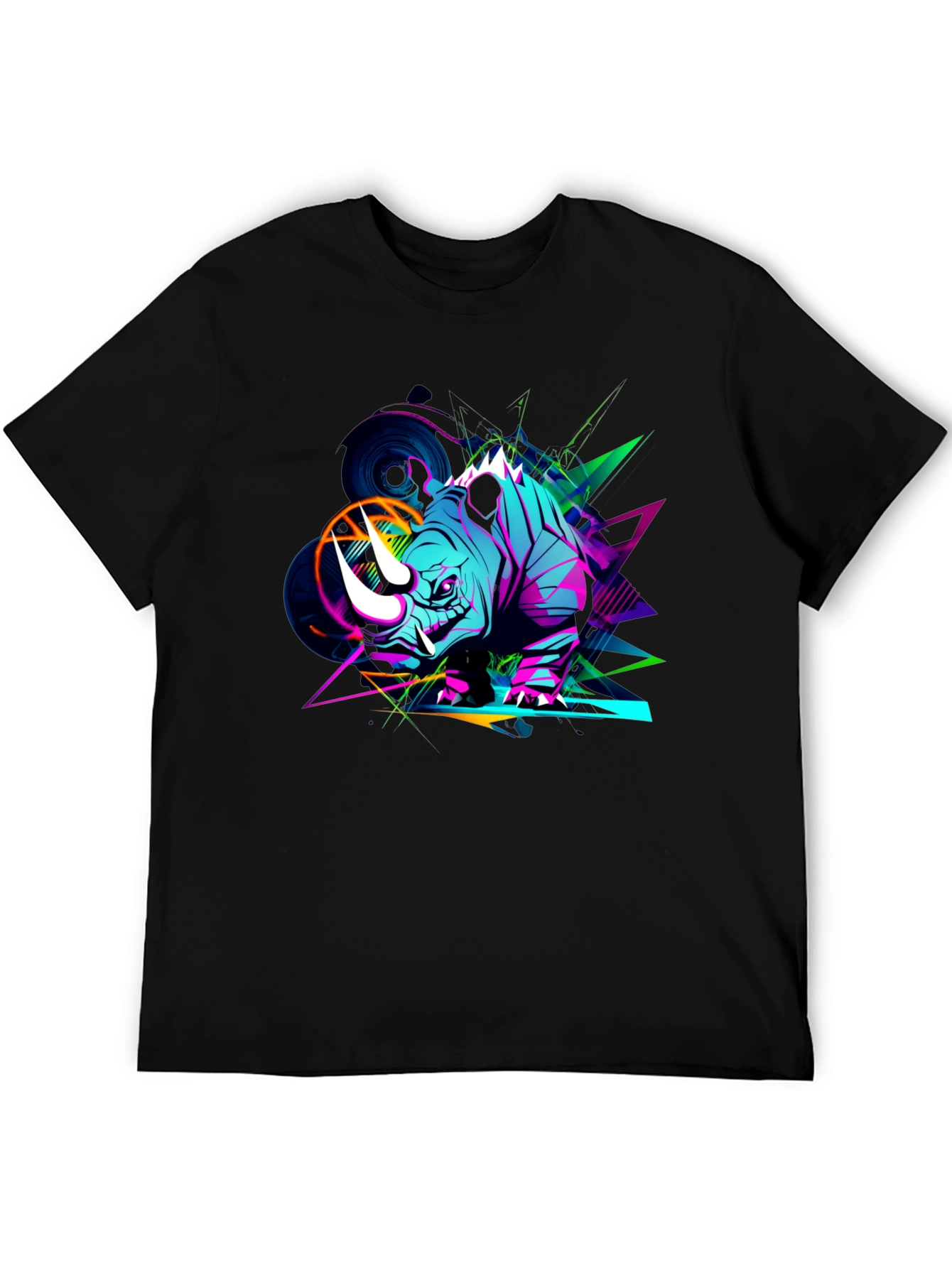 Vibrant Rhino Graphic Tee - Black Cotton T-Shirt