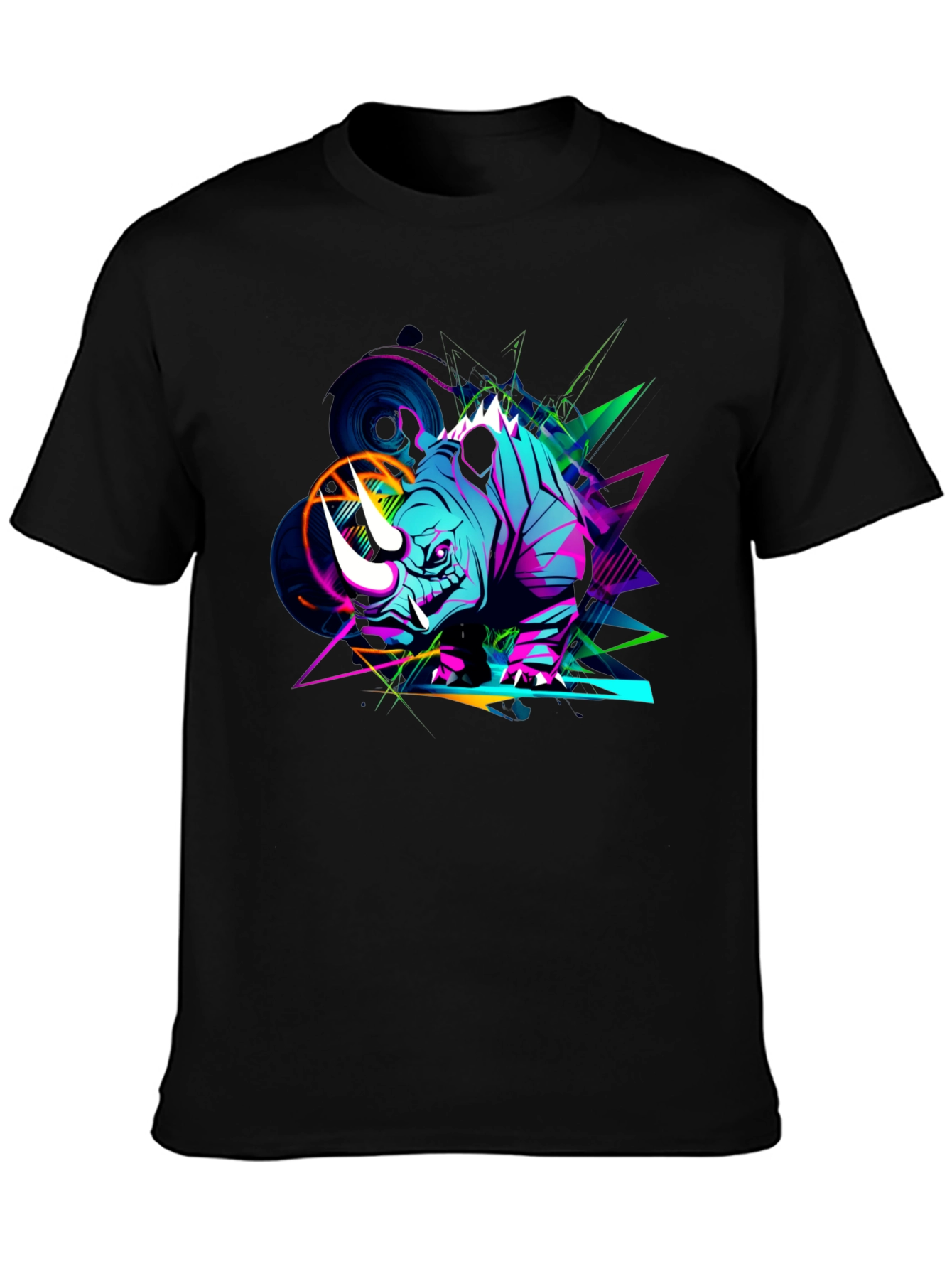 Vibrant Rhino Graphic Tee - Black Cotton T-Shirt