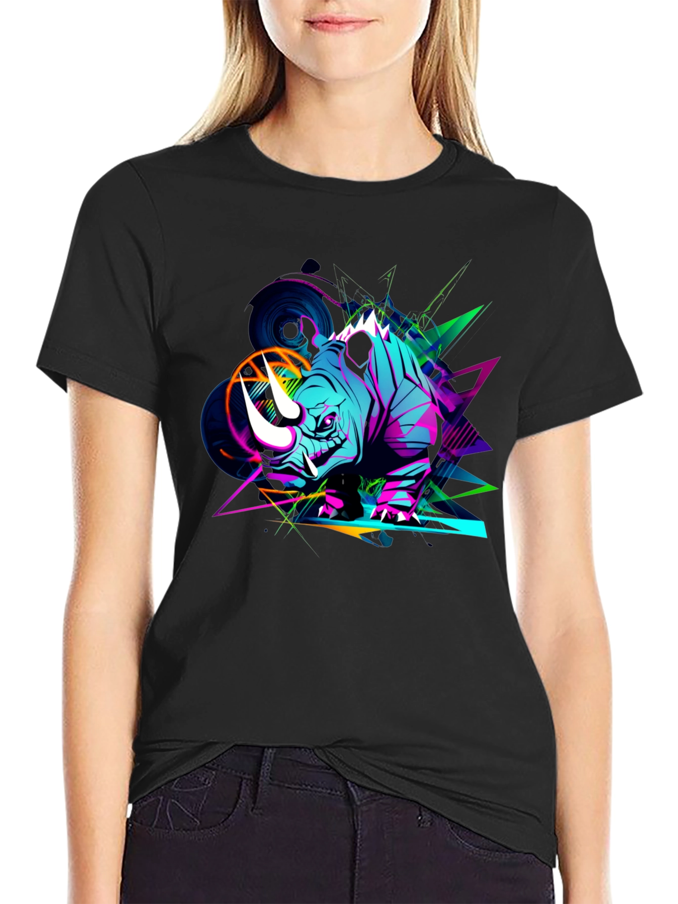 Vibrant Rhino Graphic Tee - Black Cotton T-Shirt