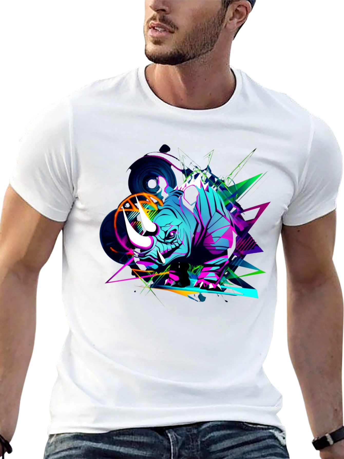 Vibrant Rhino Graphic Tee - Black Cotton T-Shirt