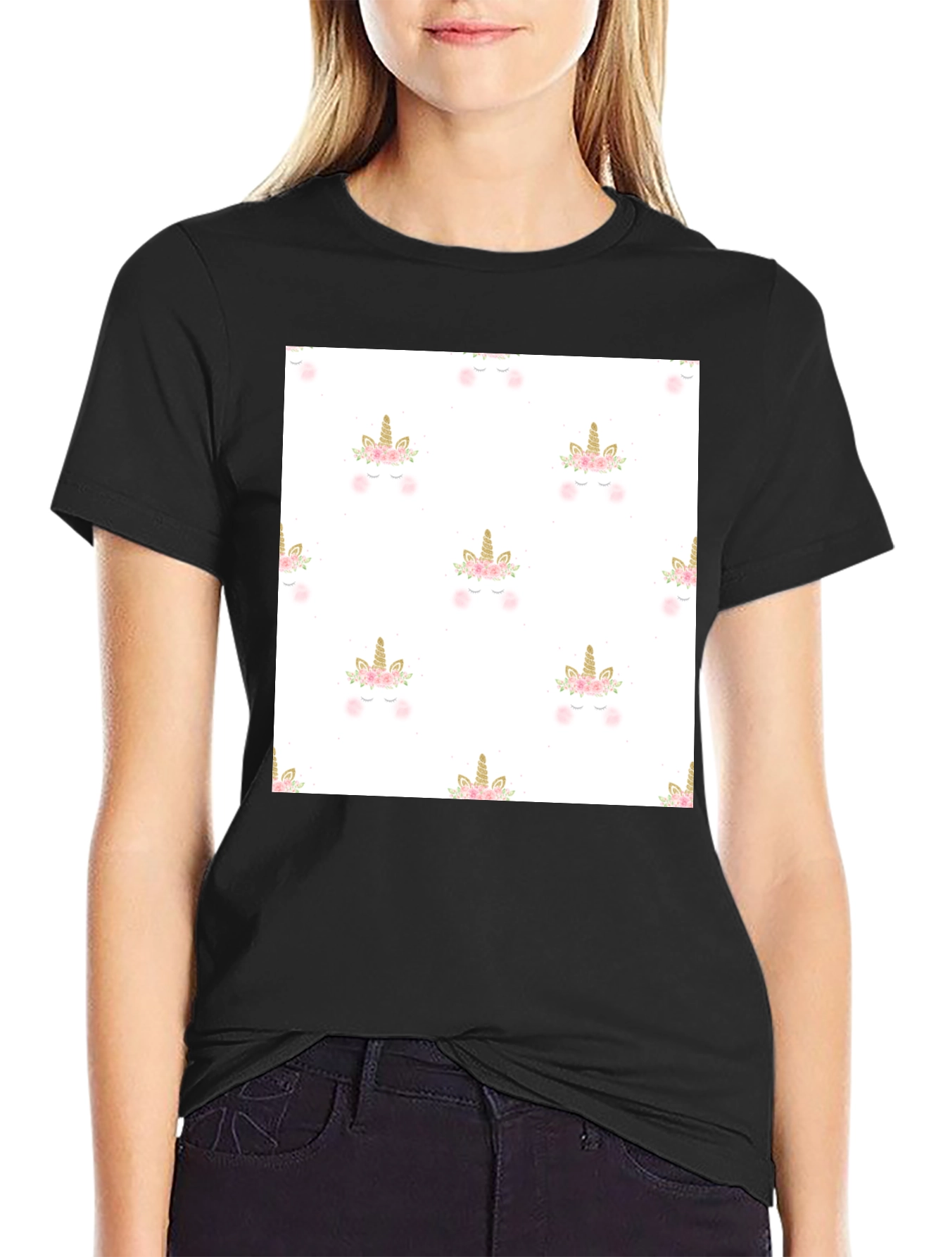 Unicorn Pattern Black T-Shirt