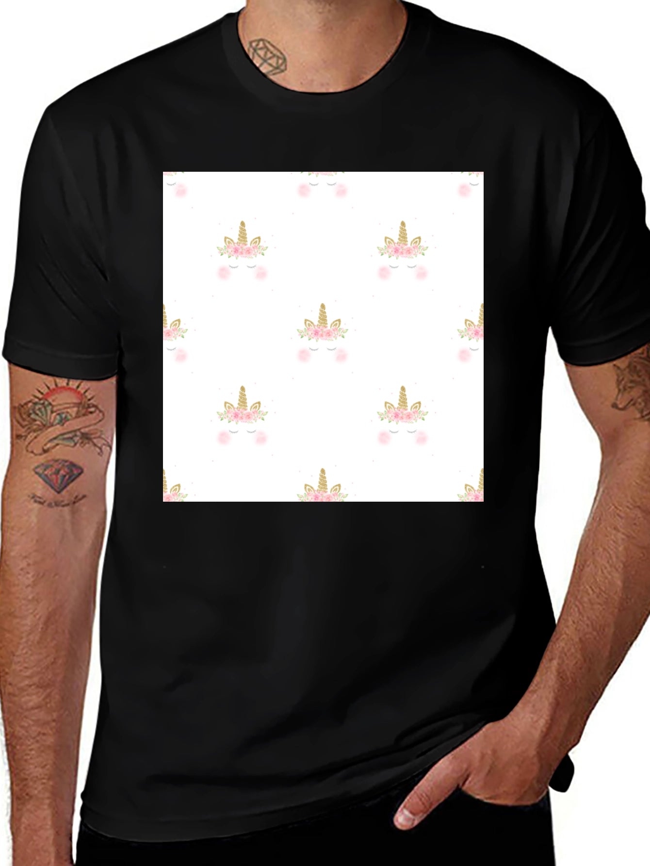 Unicorn Pattern Black T-Shirt
