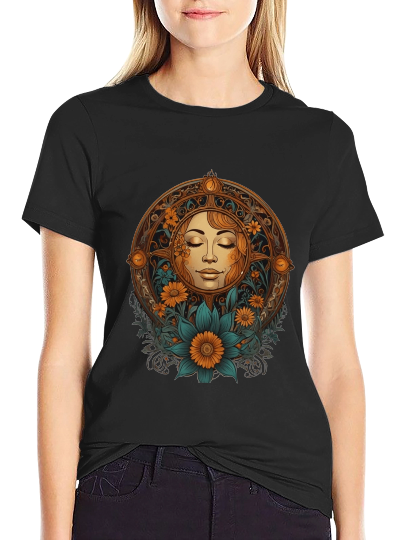 Sun Goddess Graphic Tee - Black Cotton T-Shirt