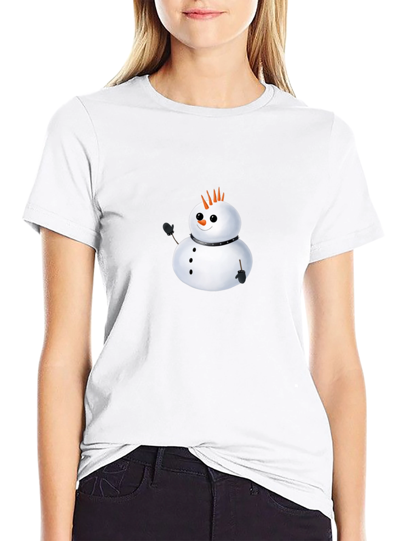 Punk Snowman Graphic Tee - Black Cotton Casual