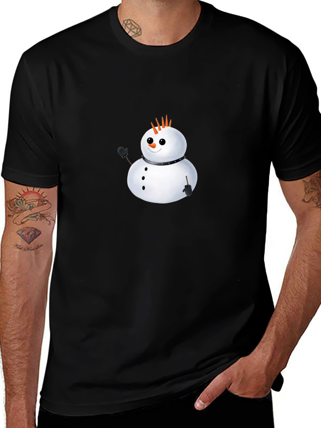 Punk Snowman Graphic Tee - Black Cotton Casual