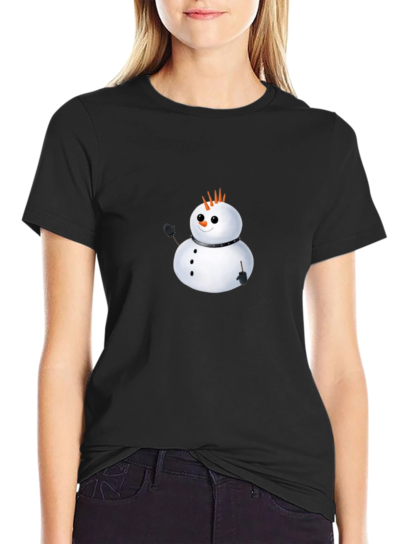 Punk Snowman Graphic Tee - Black Cotton Casual
