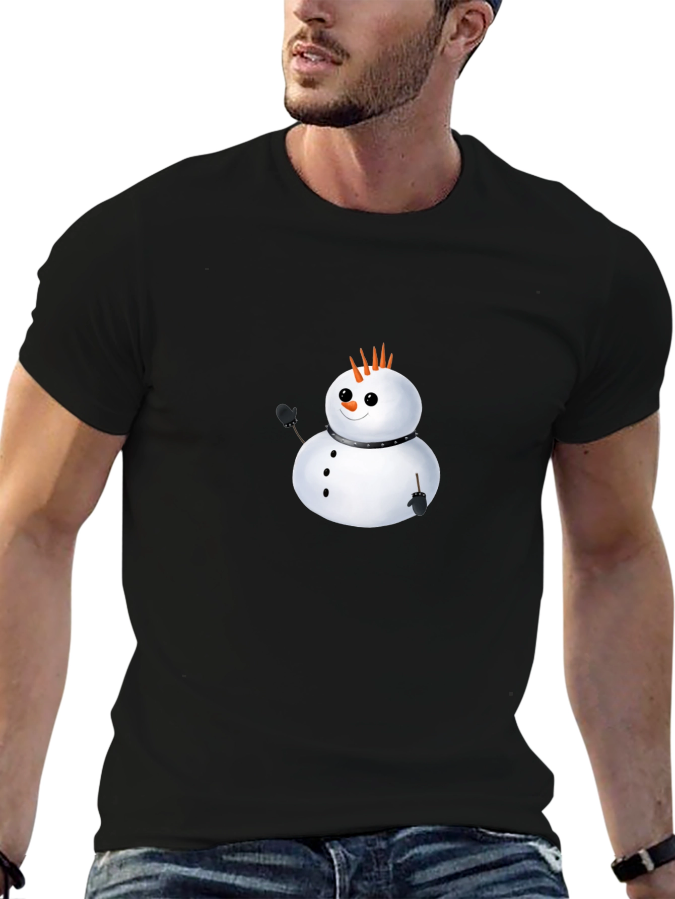 Punk Snowman Graphic Tee - Black Cotton Casual
