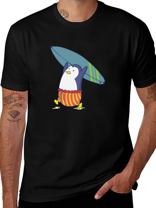 Surfing Penguin Graphic Tee - Black Cotton T-Shirt
