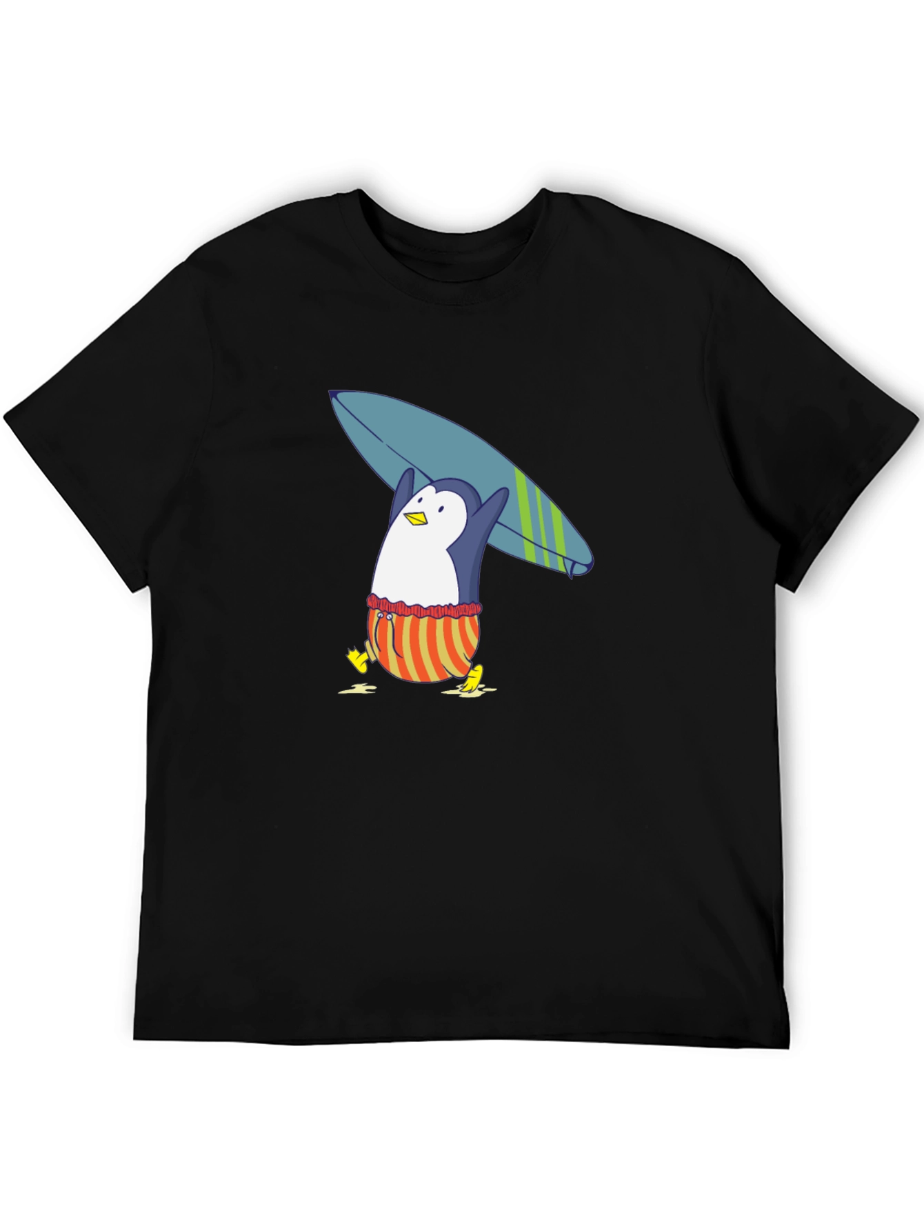 Surfing Penguin Graphic Tee - Black Cotton T-Shirt