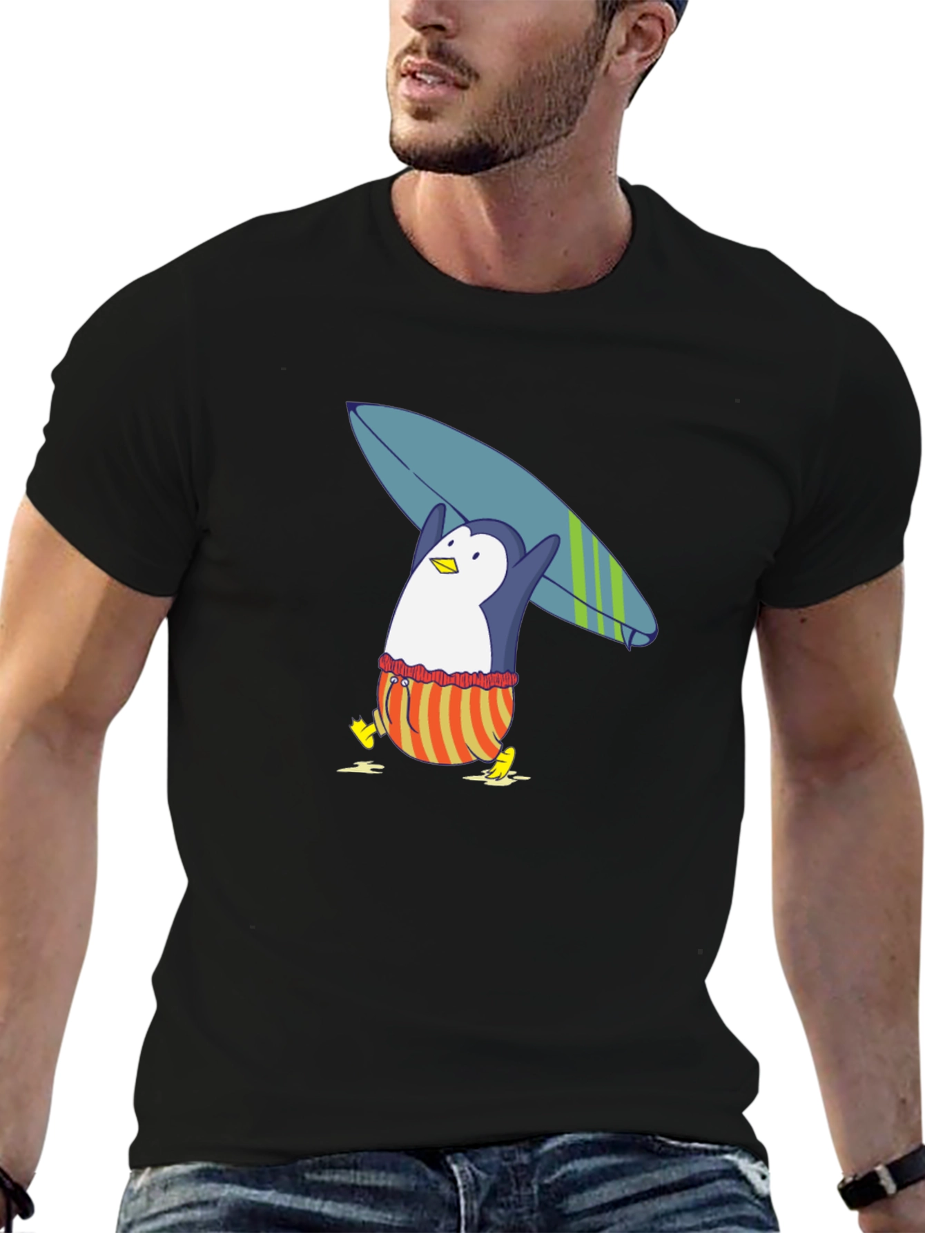 Surfing Penguin Graphic Tee - Black Cotton T-Shirt