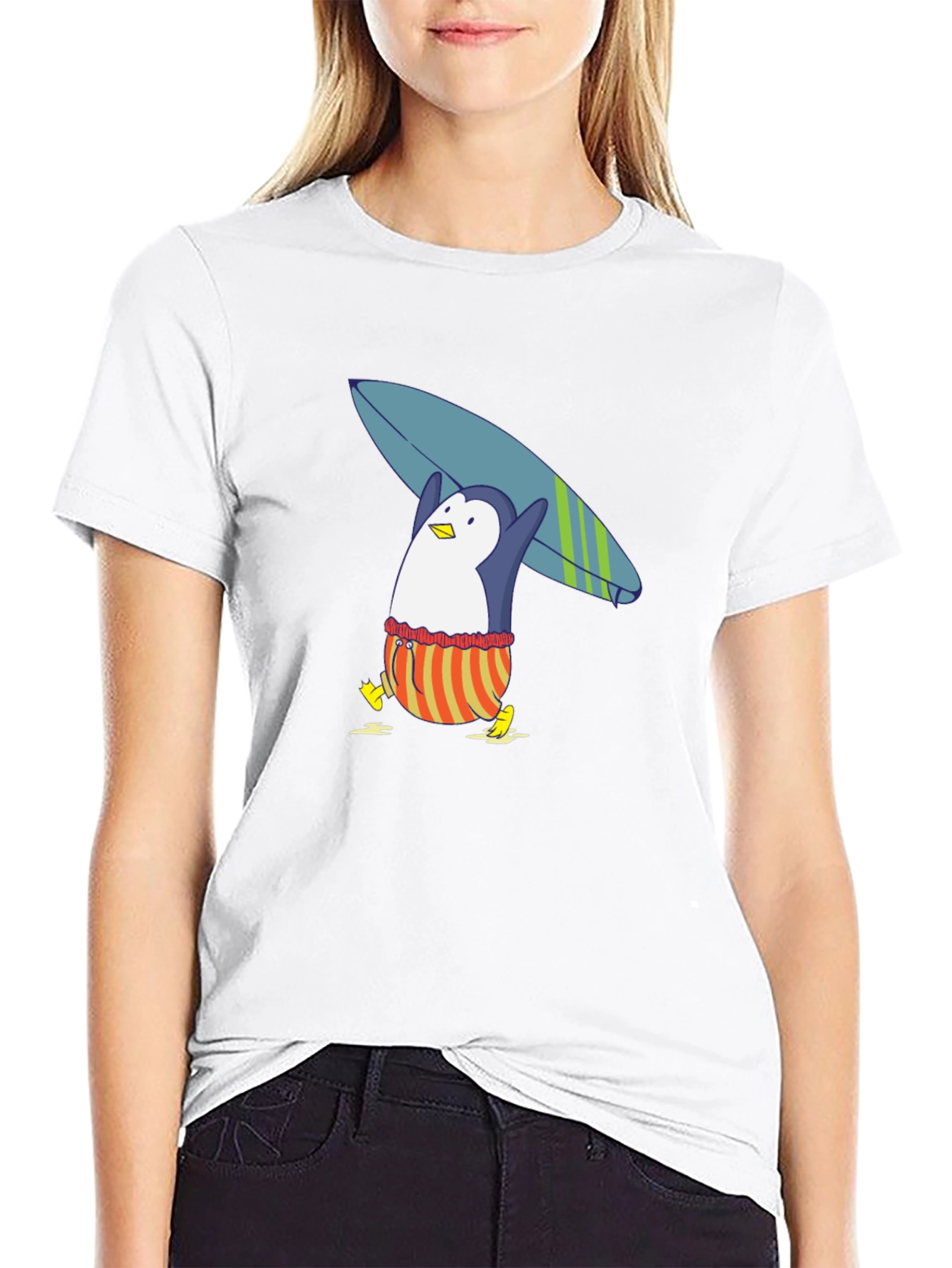 Surfing Penguin Graphic Tee - Black Cotton T-Shirt