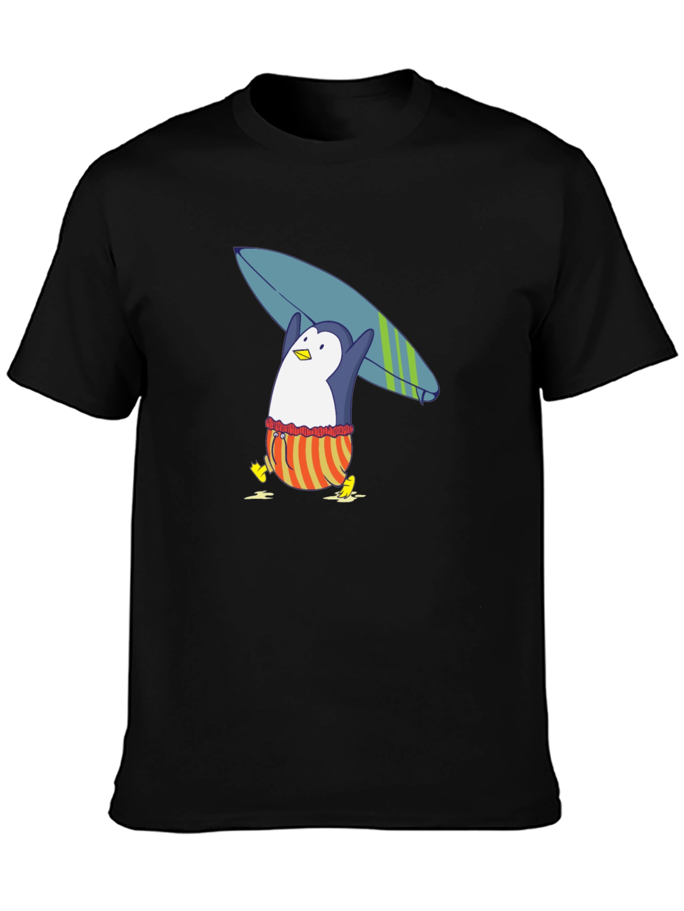 Surfing Penguin Graphic Tee - Black Cotton T-Shirt
