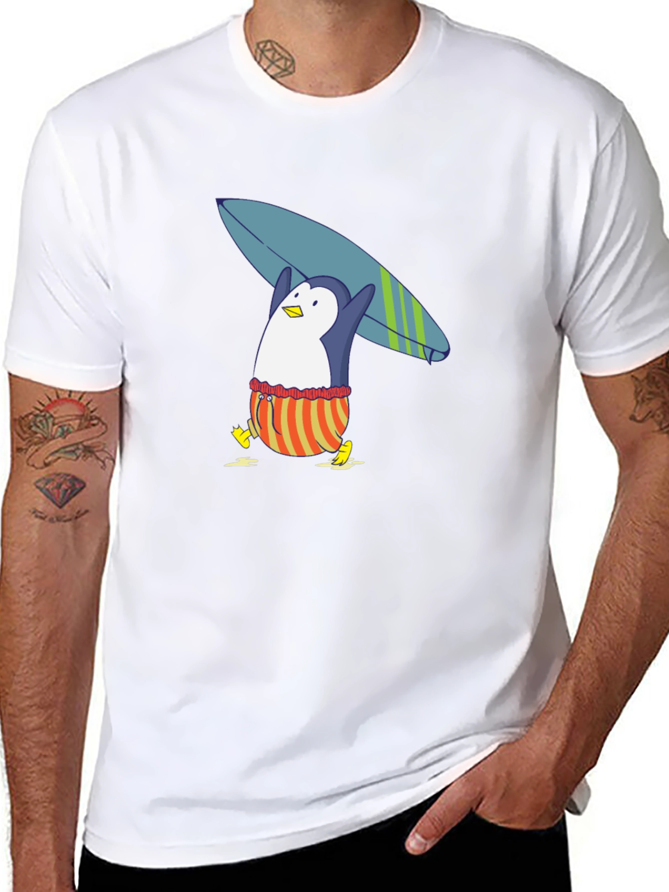 Surfing Penguin Graphic Tee - Black Cotton T-Shirt