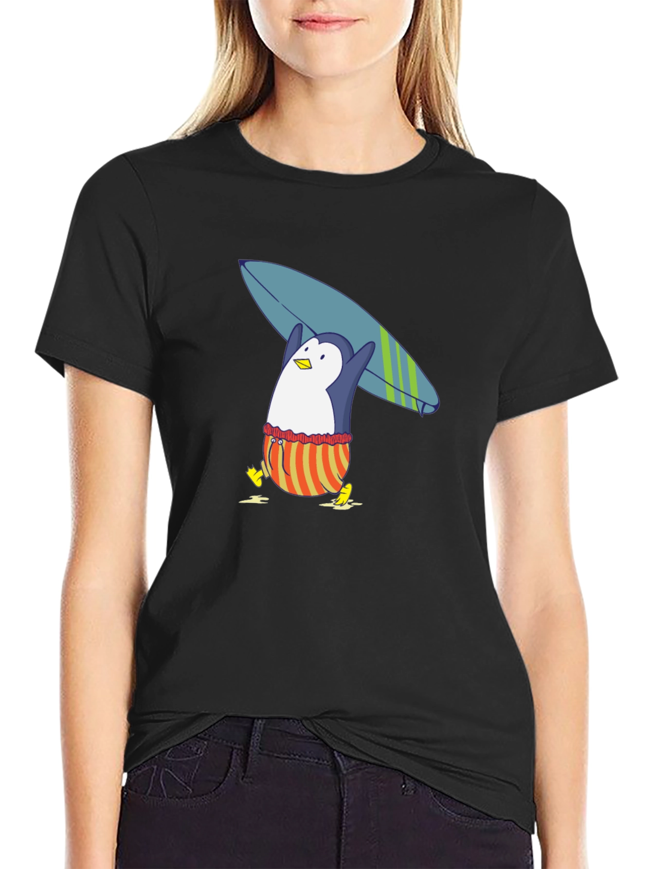 Surfing Penguin Graphic Tee - Black Cotton T-Shirt