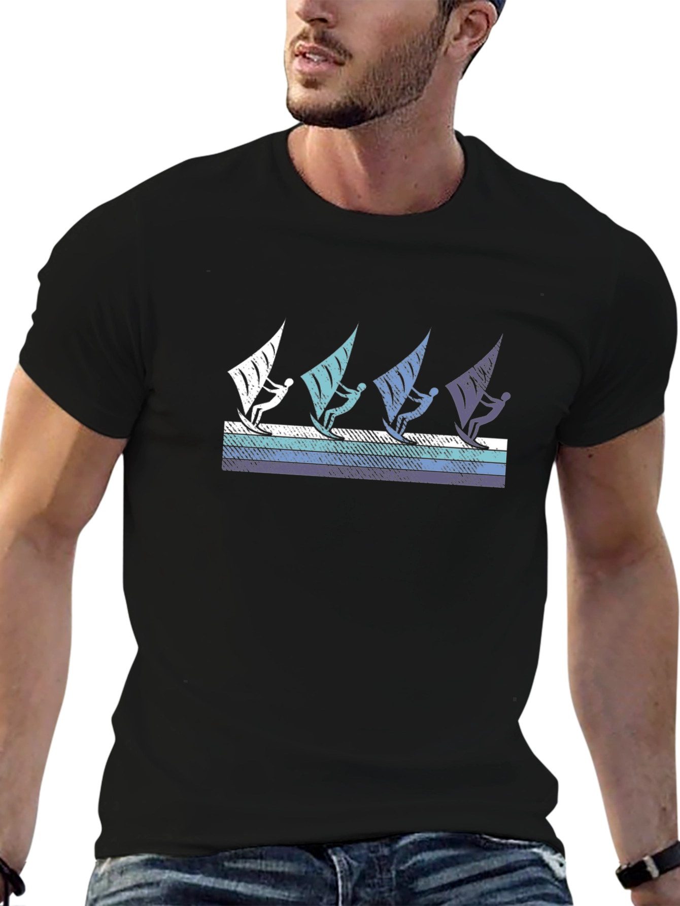 Windsurfing Graphic Tee - Black Cotton T-Shirt