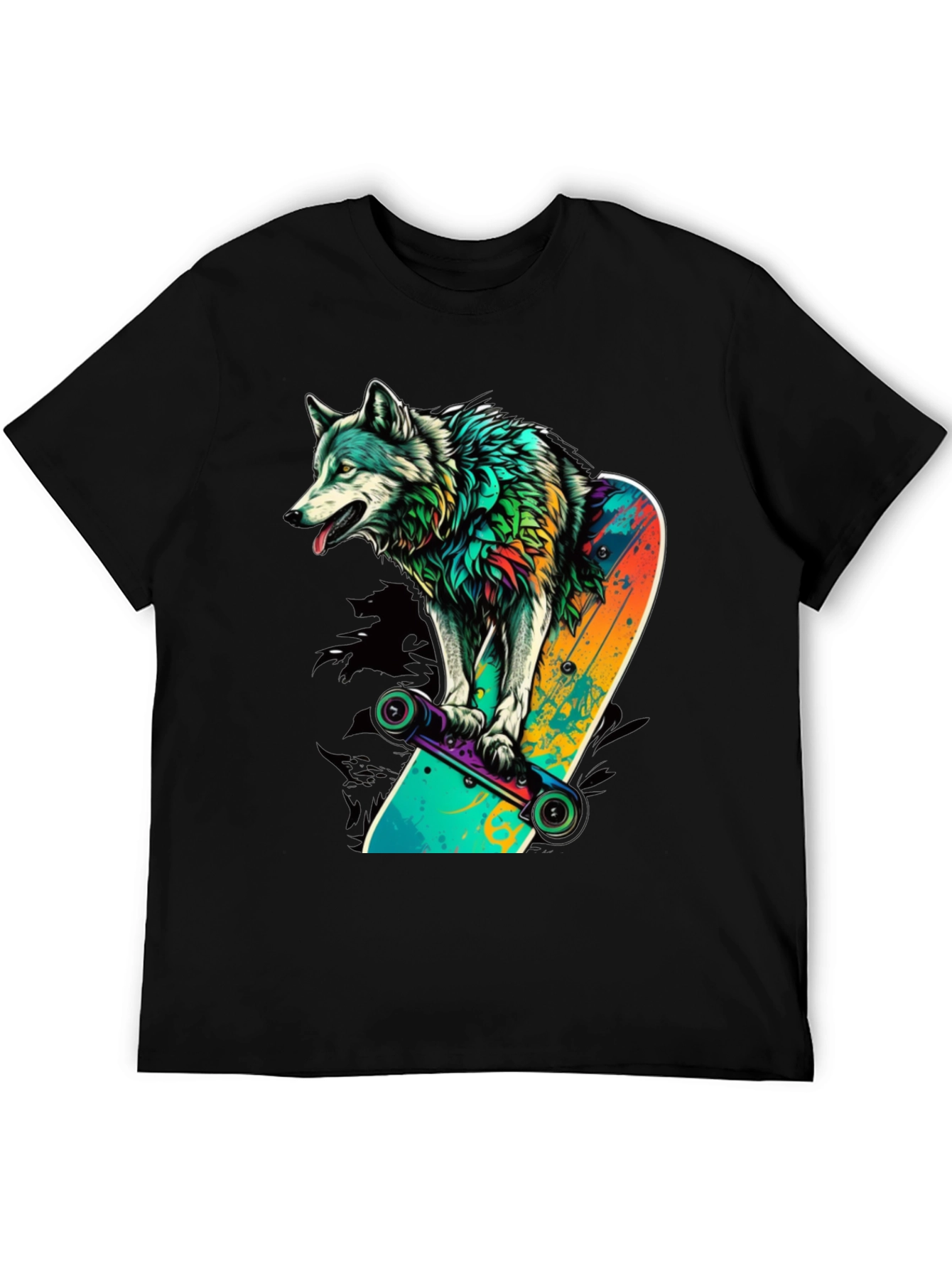 Wolf on Skateboard Graphic Tee - Black