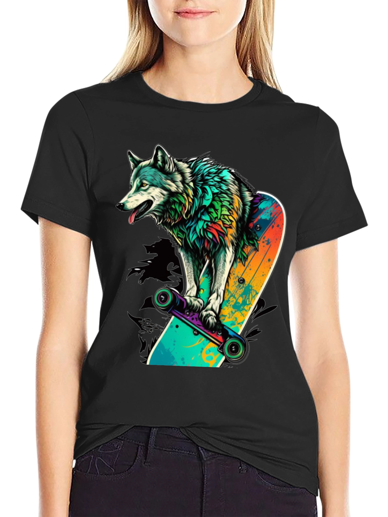 Wolf on Skateboard Graphic Tee - Black