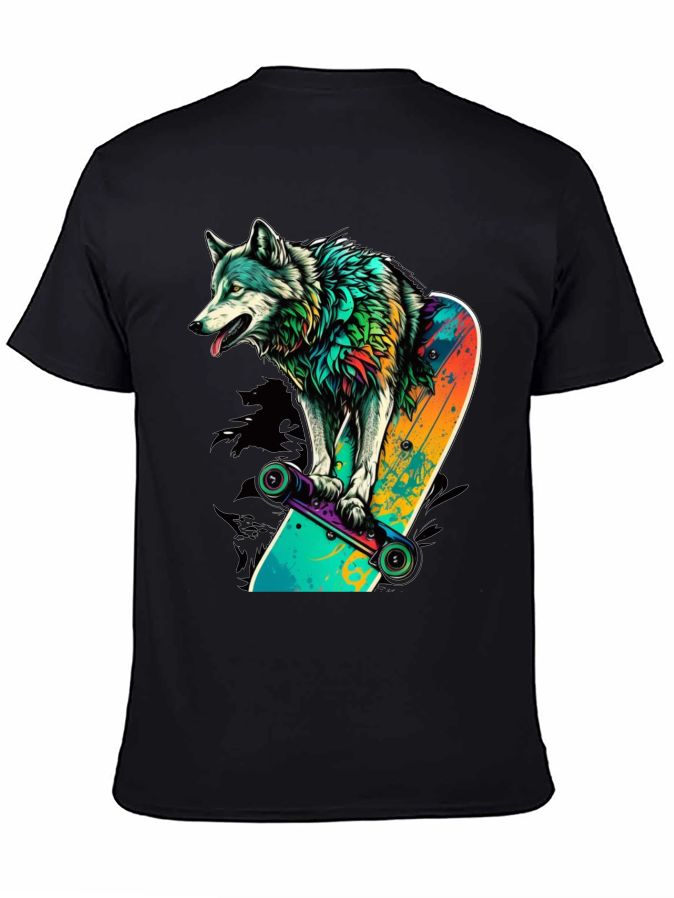 Wolf on Skateboard Graphic Tee - Black