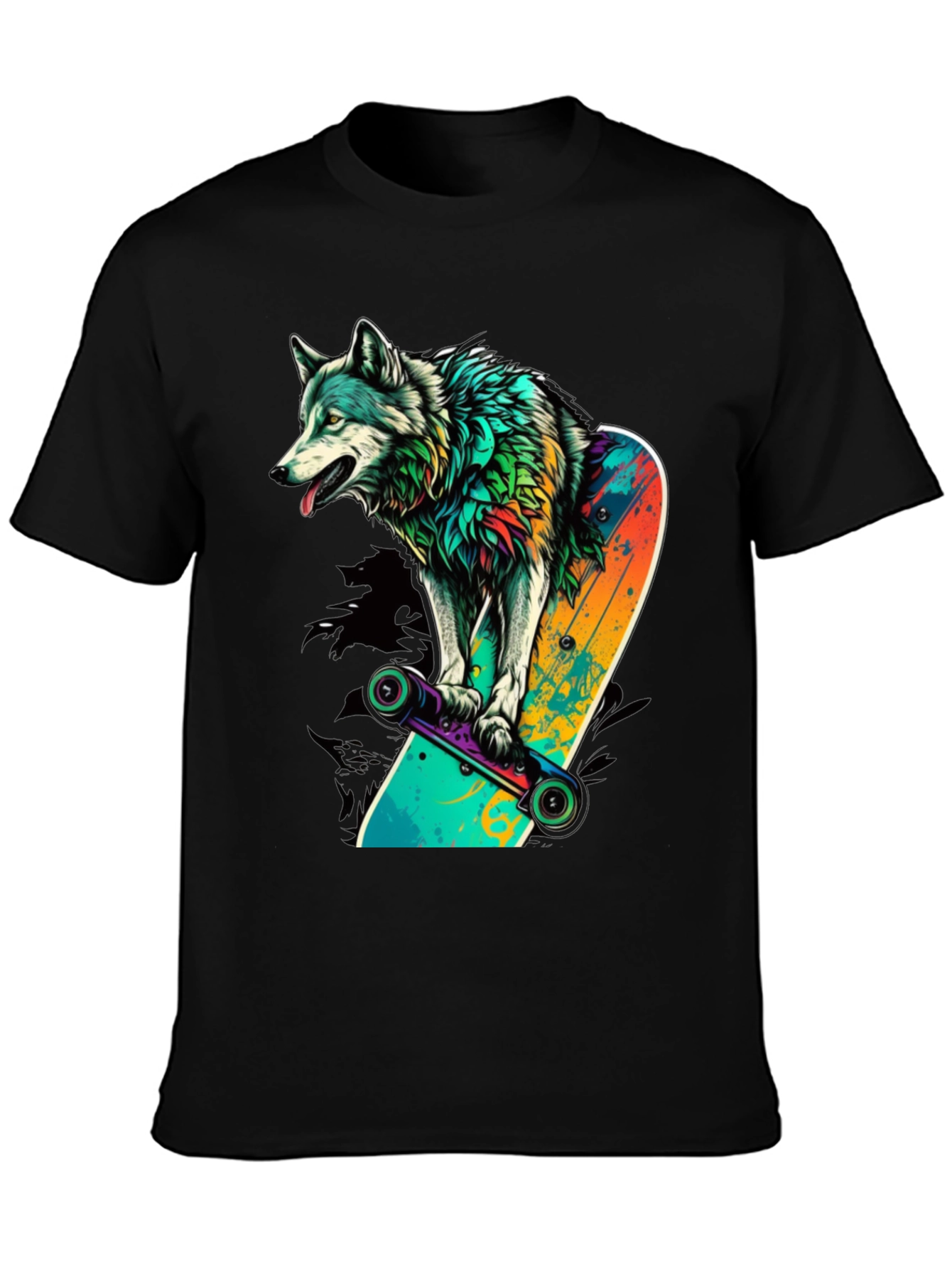 Wolf on Skateboard Graphic Tee - Black