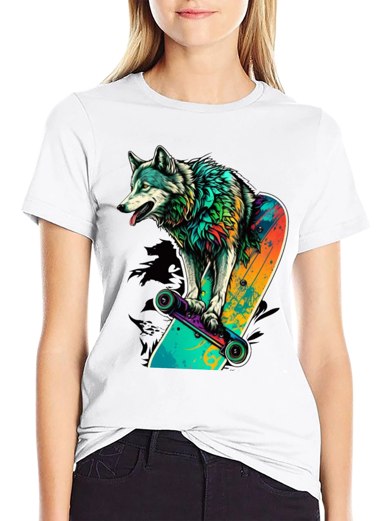 Wolf on Skateboard Graphic Tee - Black