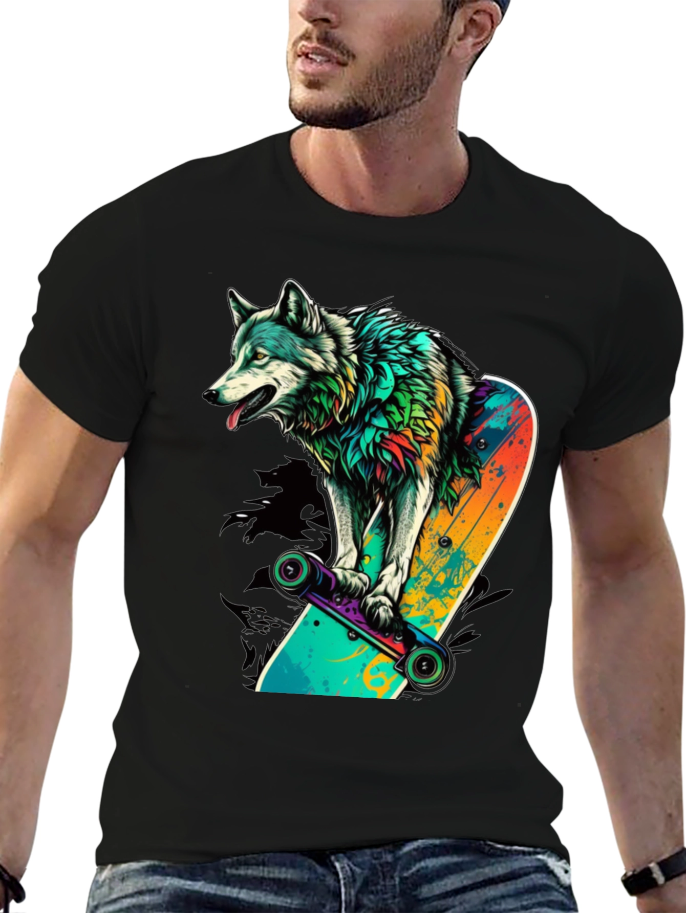 Wolf on Skateboard Graphic Tee - Black