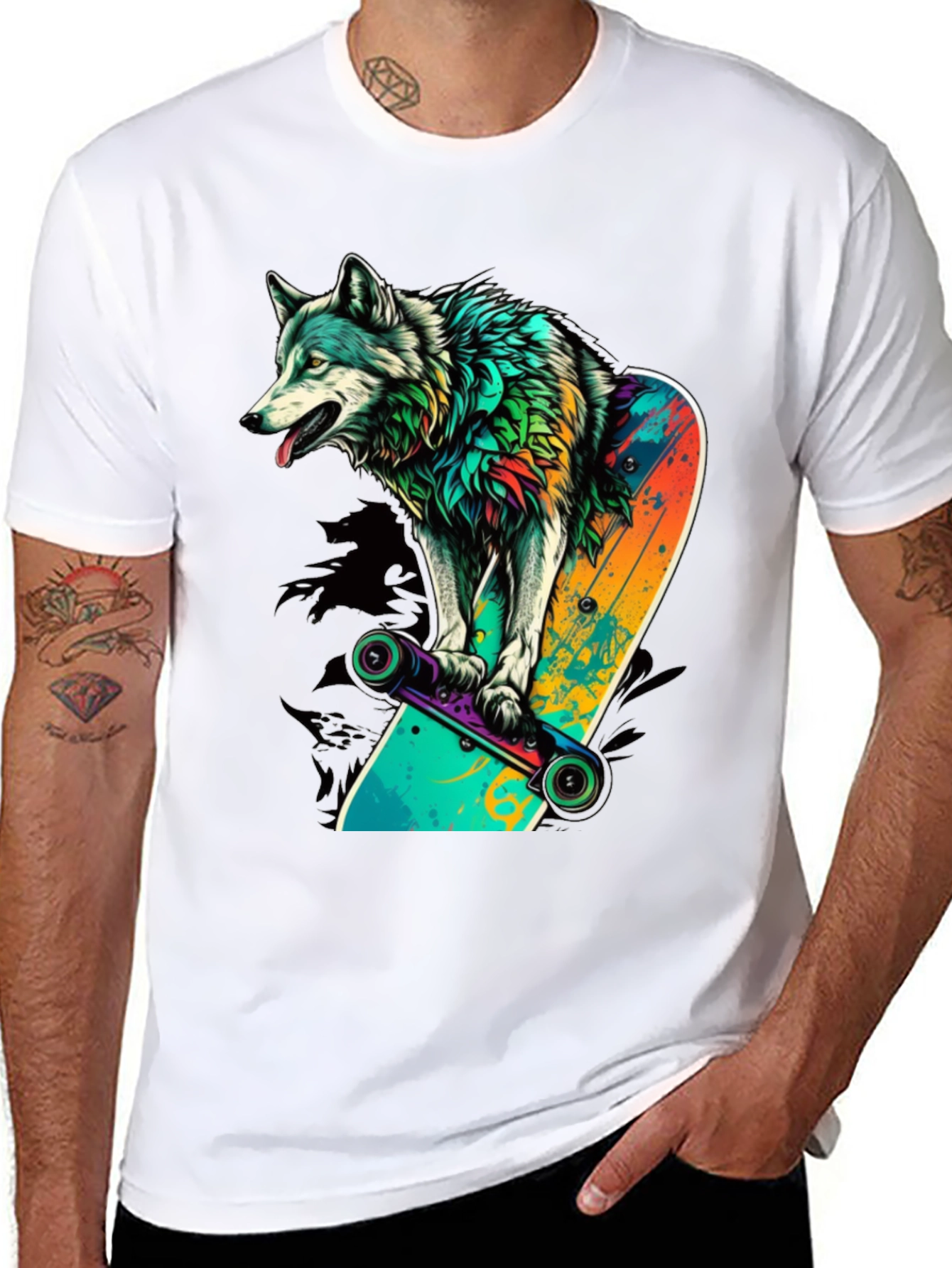 Wolf on Skateboard Graphic Tee - Black