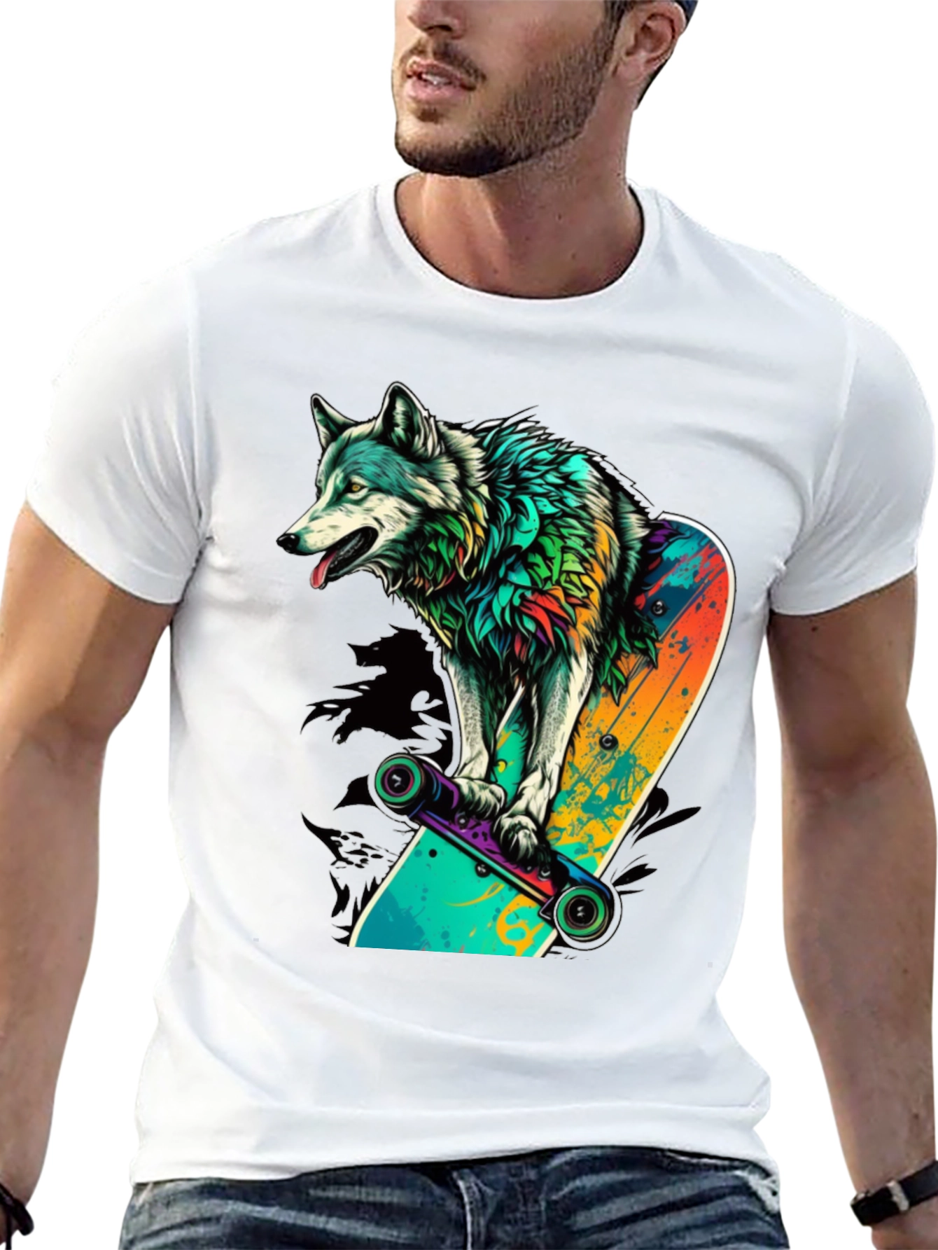 Wolf on Skateboard Graphic Tee - Black